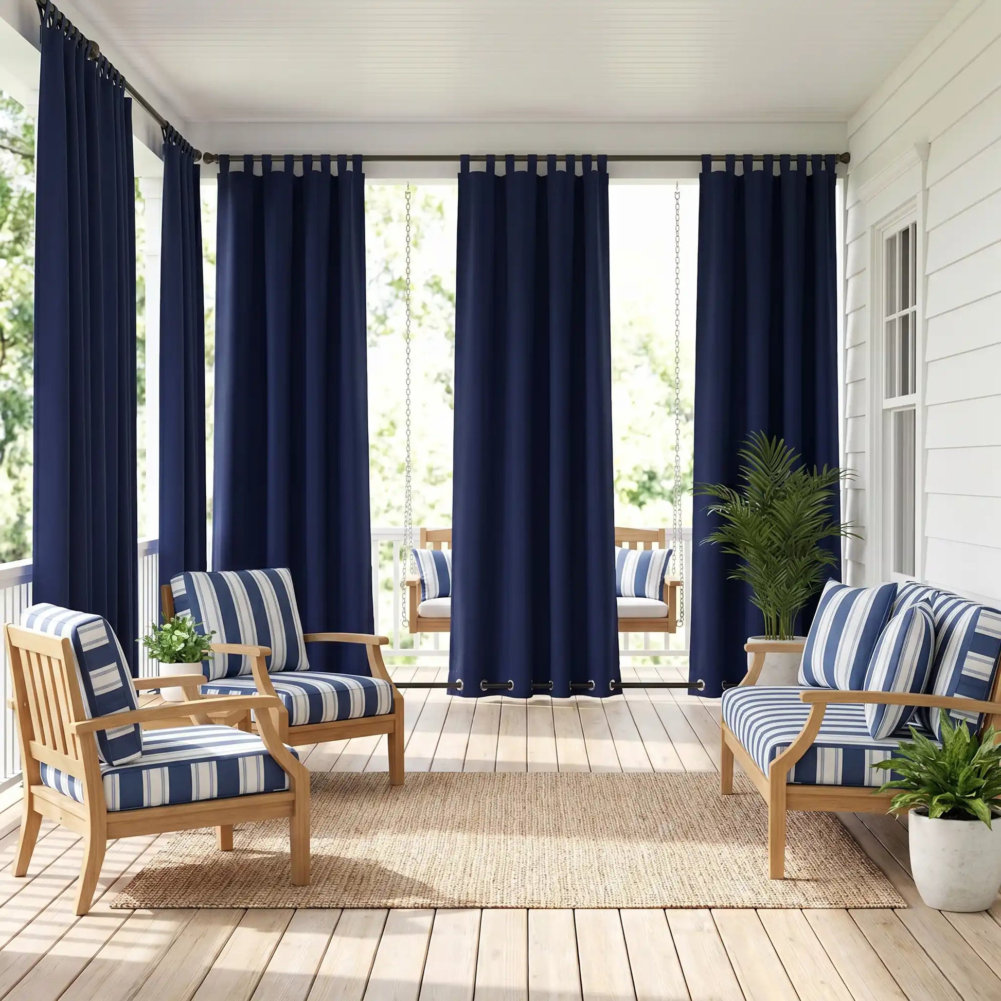 DWCN outdoor curtains with tab top and grommet bottom, windproof and waterproof fabric for outdoor patio or balcony use.