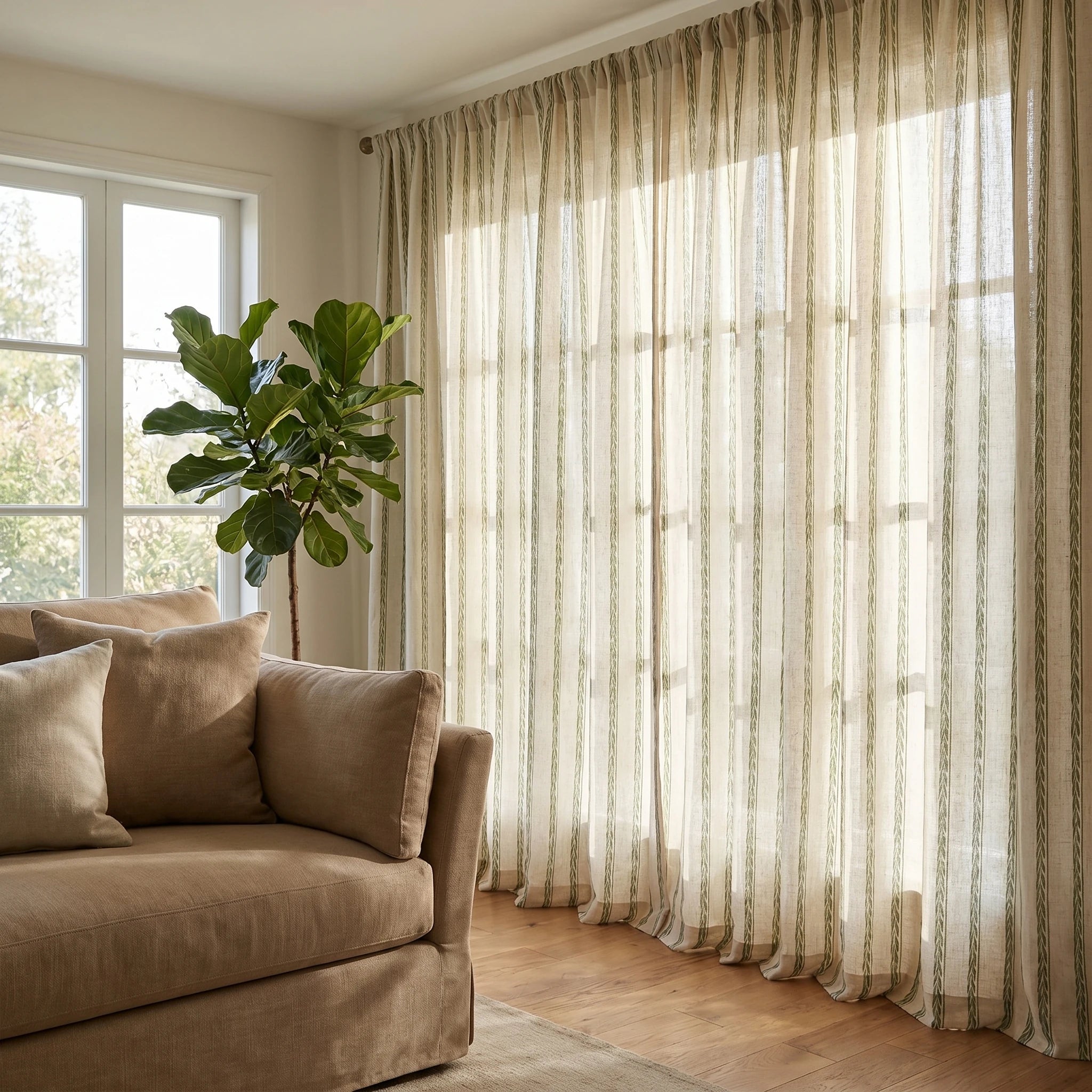 Demeter Aurata patterned linen curtains by DWCN Official featuring a vibrant, intricate gold and white design on lightweight fabric.