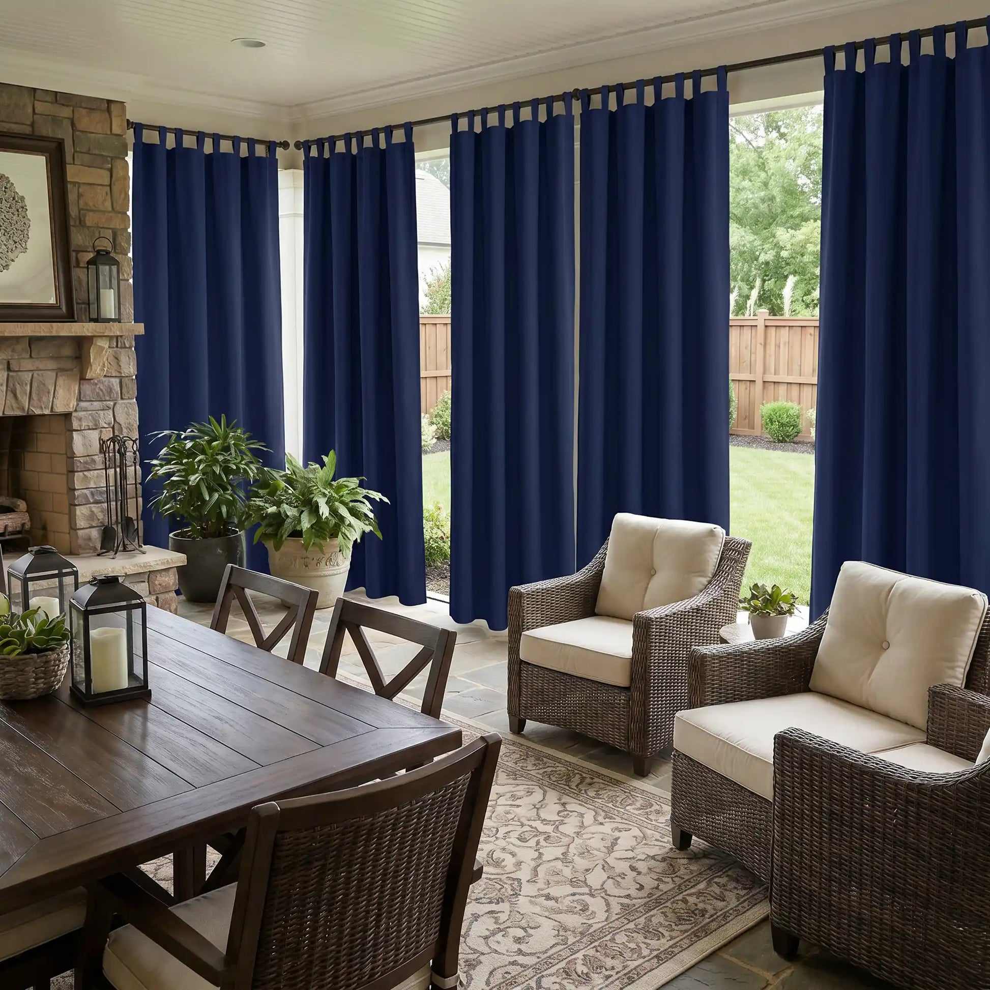 DWCN official outdoor curtain with tab top and rope bottom, windproof and waterproof fabric for outdoor weather protection