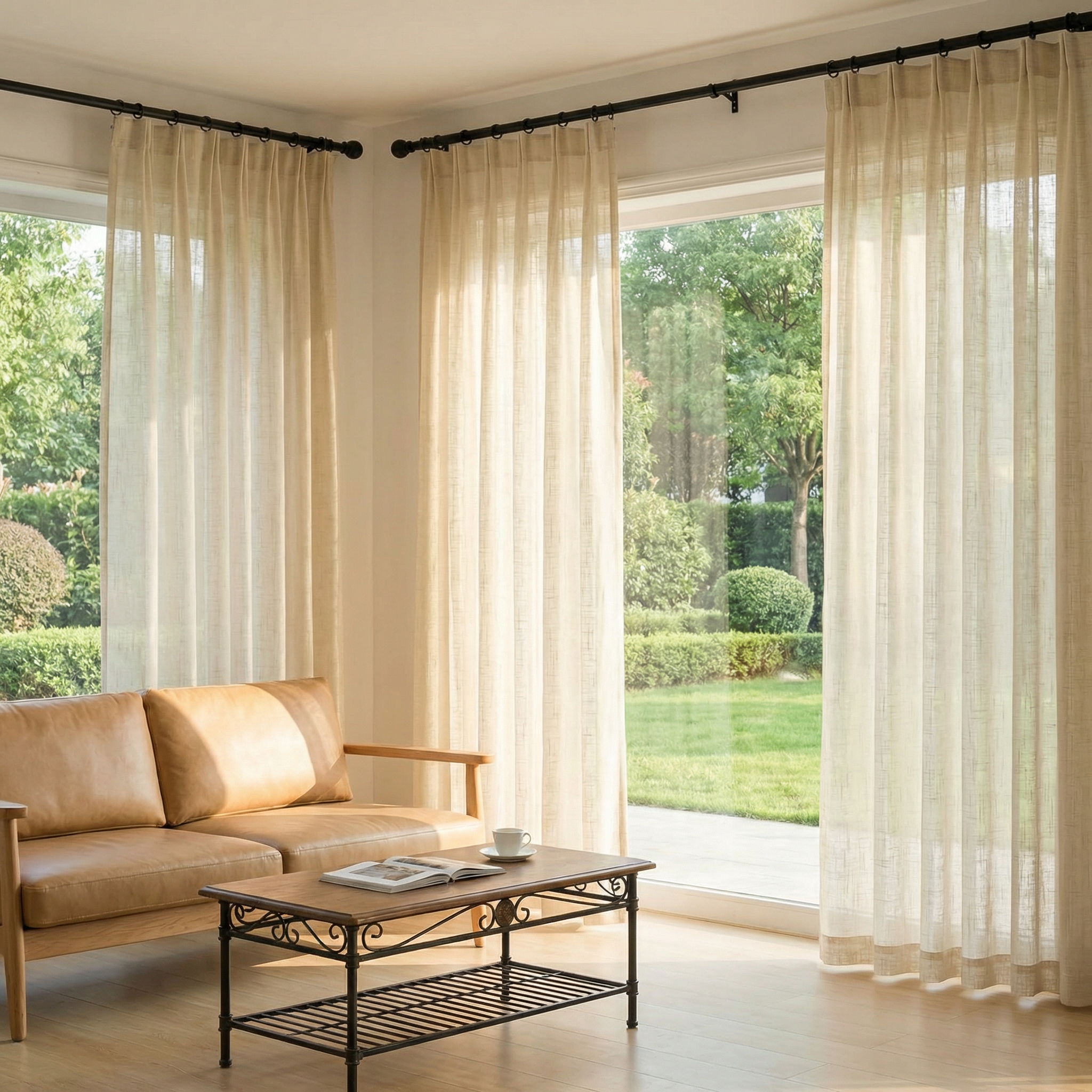 DWCN Official custom linen sheer solid curtains hanging in a bright room, showcasing lightweight, semi-transparent fabric for elegant window decor.
