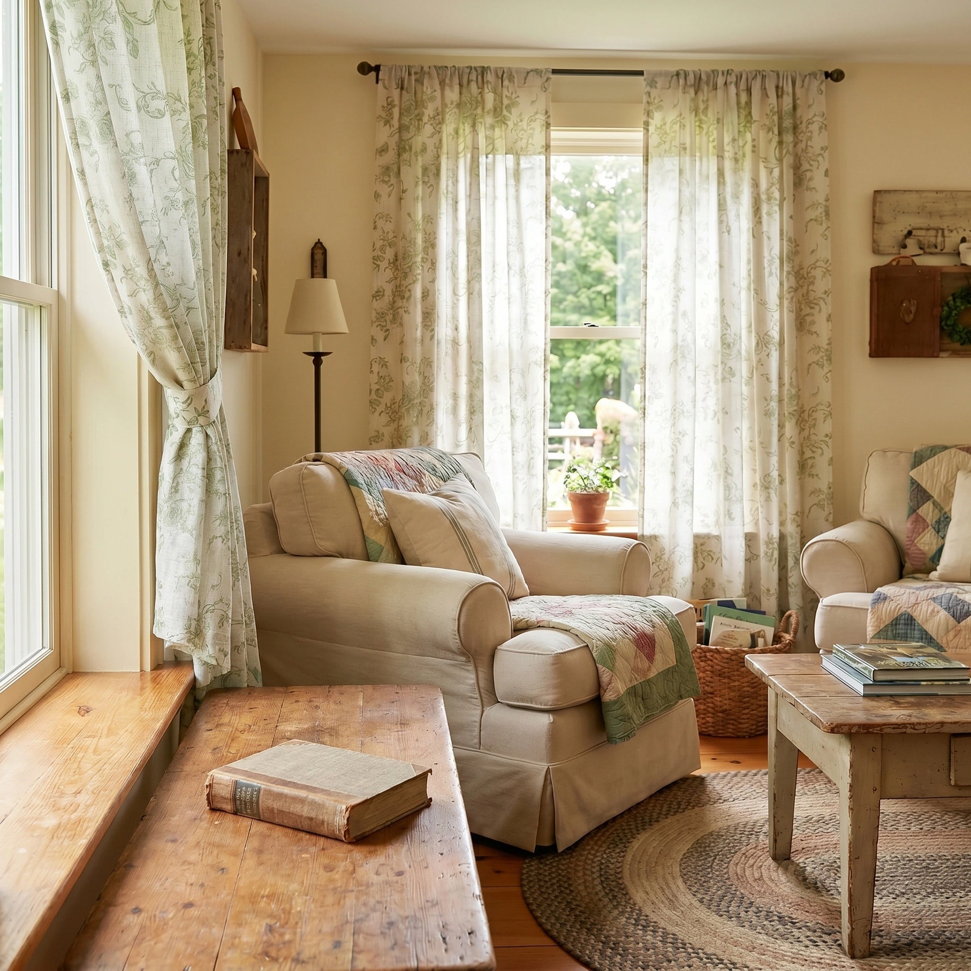DWCN Official Antheia Millefiori patterned linen curtains hanging with floral design on light fabric in a cozy living room.