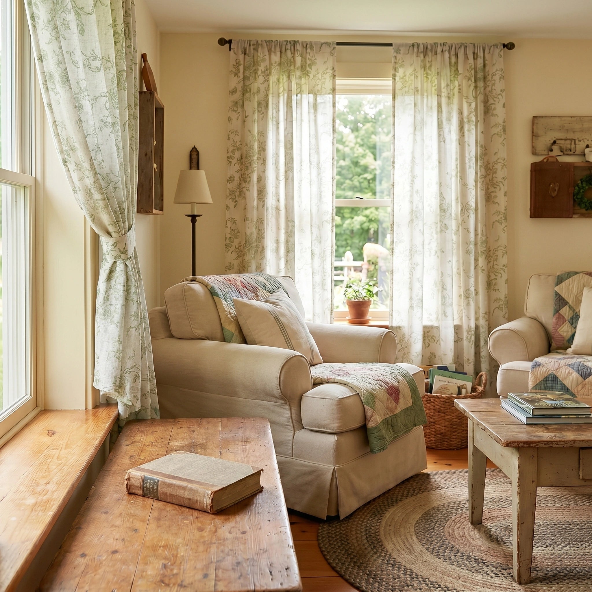 DWCN Official Antheia Millefiori patterned linen curtains hanging with floral design on light fabric in a cozy living room.