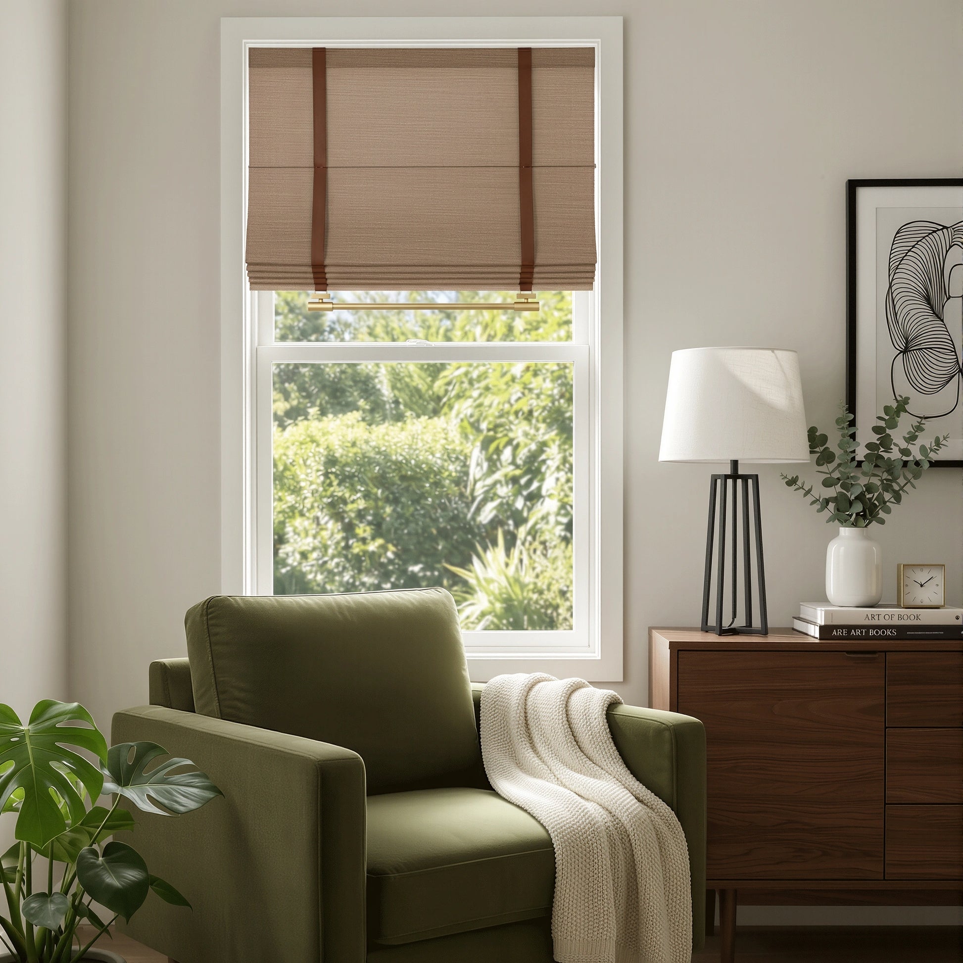 Ophelia custom linen Roman shades by DWCN Official, featuring elegant fabric fold design for window decor.