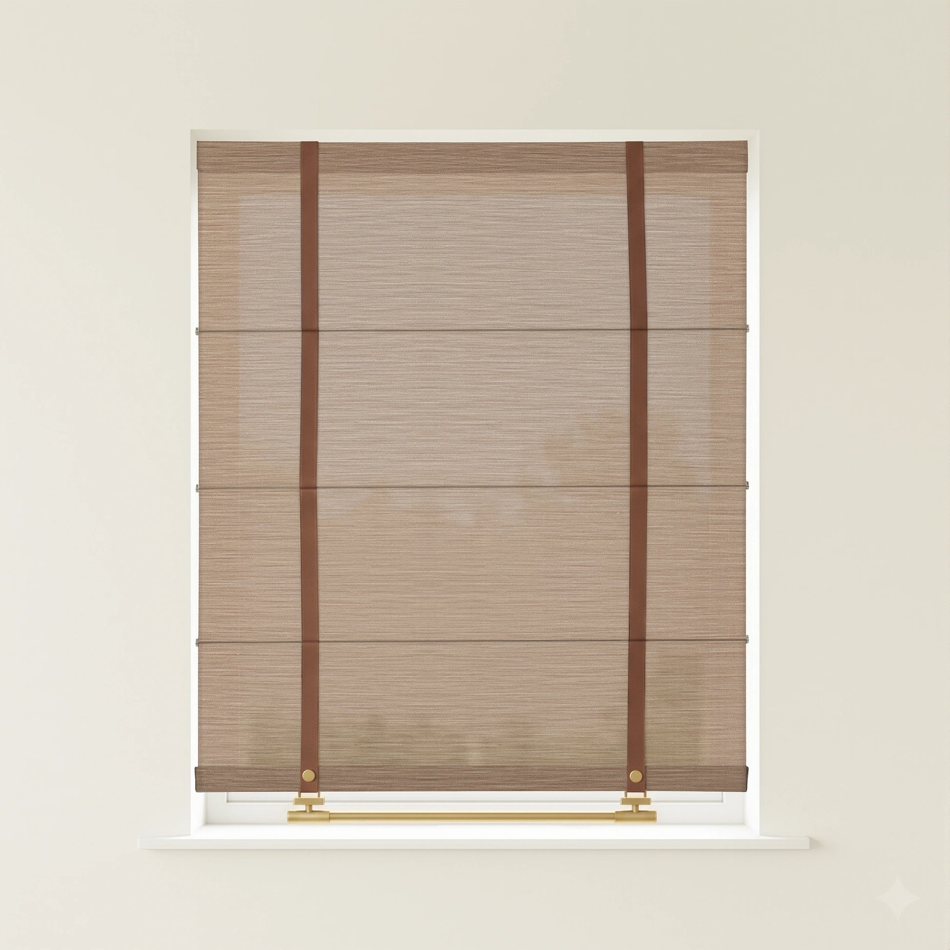 Ophelia custom linen Roman shades by DWCN Official hanging in a window with natural light, showcasing elegant fabric and classic design.
