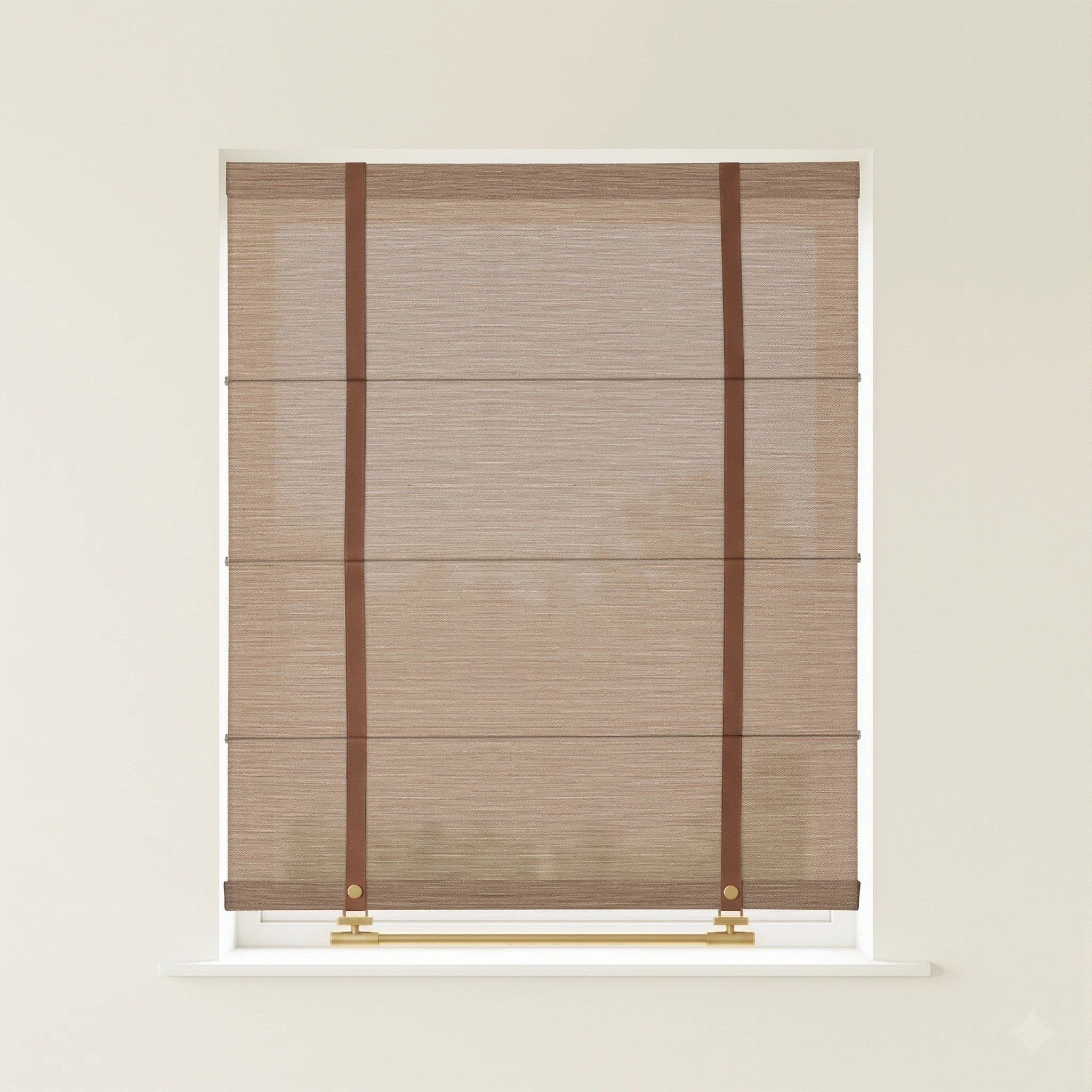 Ophelia custom linen Roman shades by DWCN Official hanging in a window with natural light, showcasing elegant fabric and classic design.