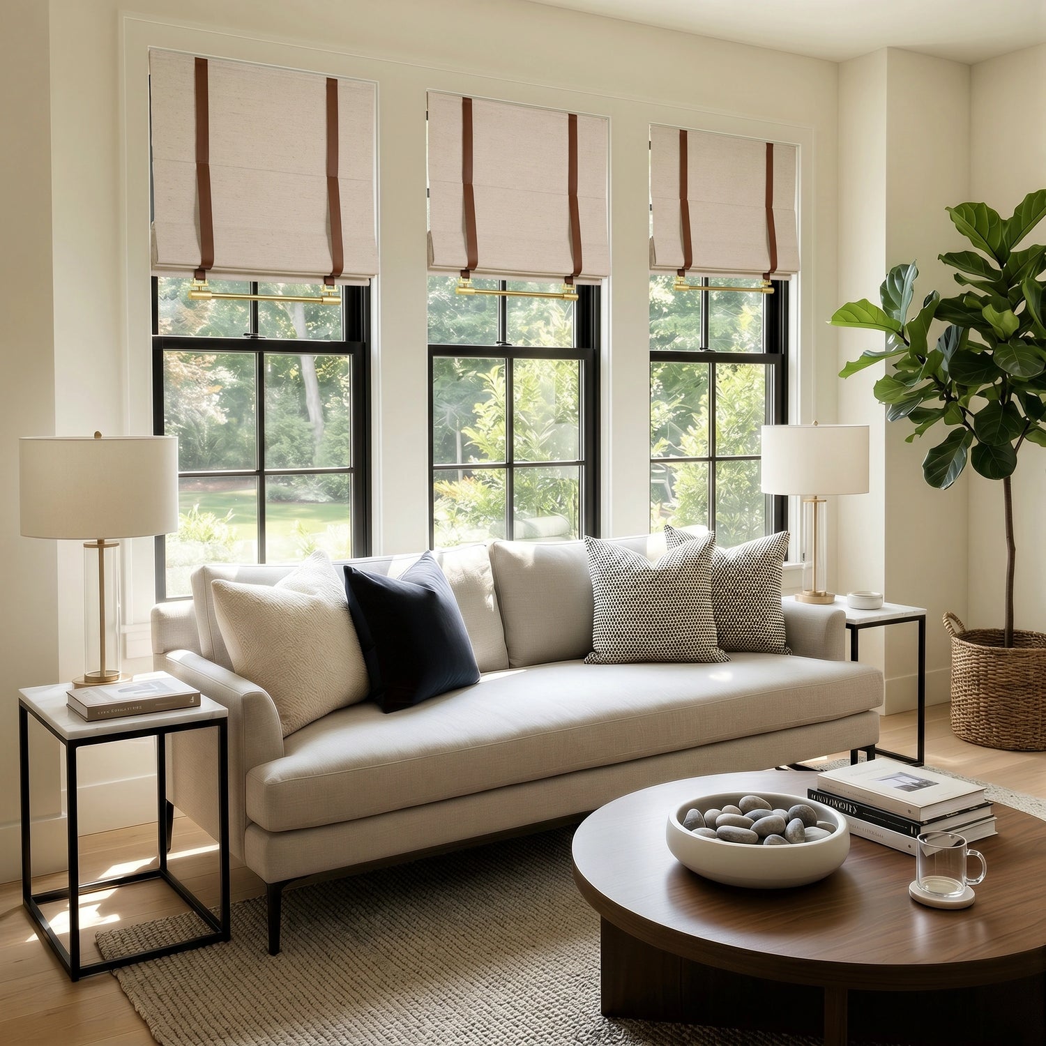 DWCN Official Ophelia Custom Linen Roman Shades hanging on window, showcasing elegant fabric and tailored design for light control.