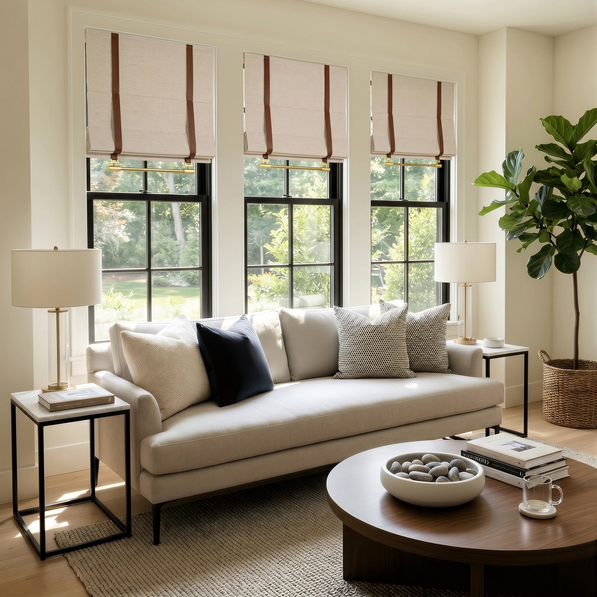 DWCN Official Ophelia Custom Linen Roman Shades hanging on window, showcasing elegant fabric and tailored design for light control.