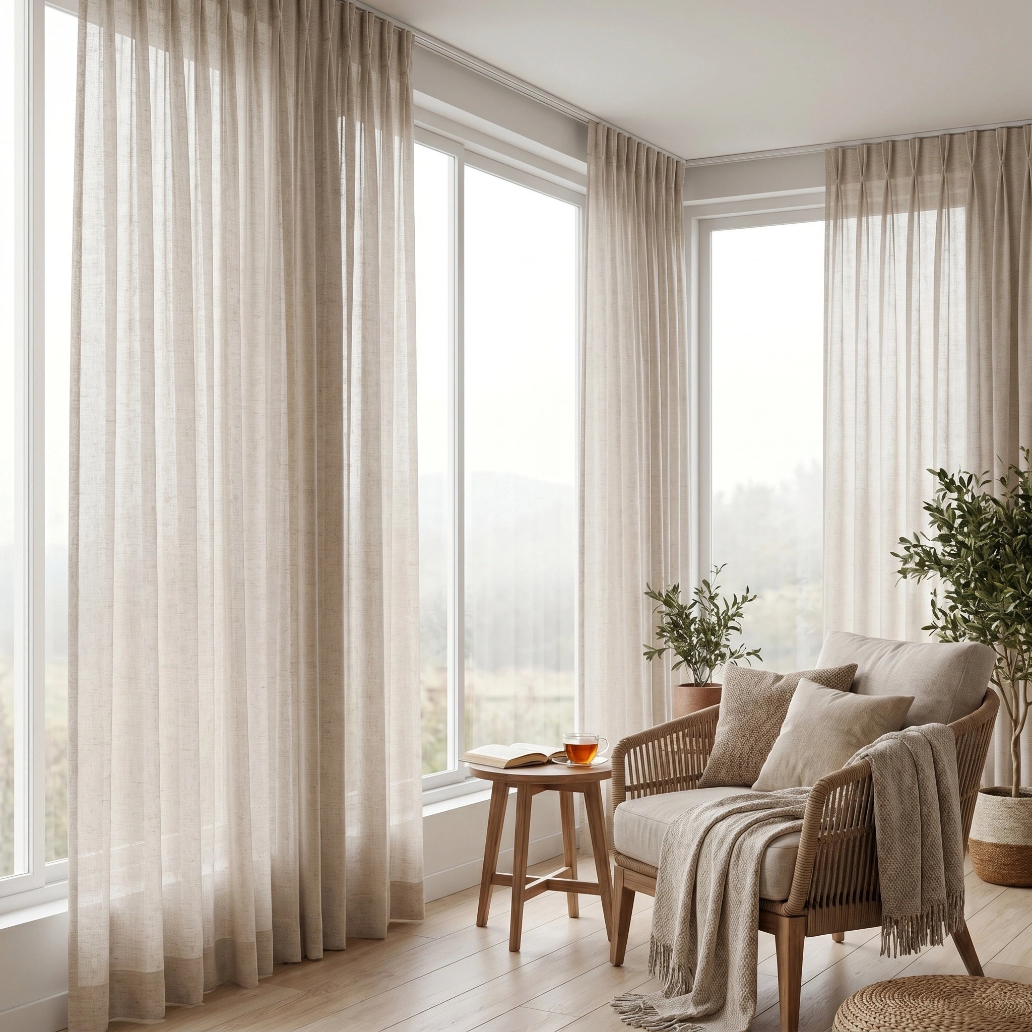 DWCN Official Phoebe Soft Oat Linen Sheer Curtain hanging with gentle folds, showcasing lightweight, breathable linen fabric and elegant design.