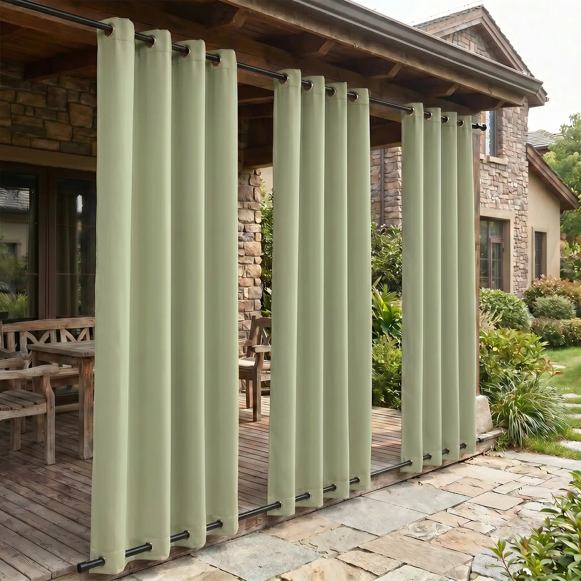 DWCN Official grommet top outdoor curtains, windproof and waterproof, hanging with metal grommets in a garden setting.