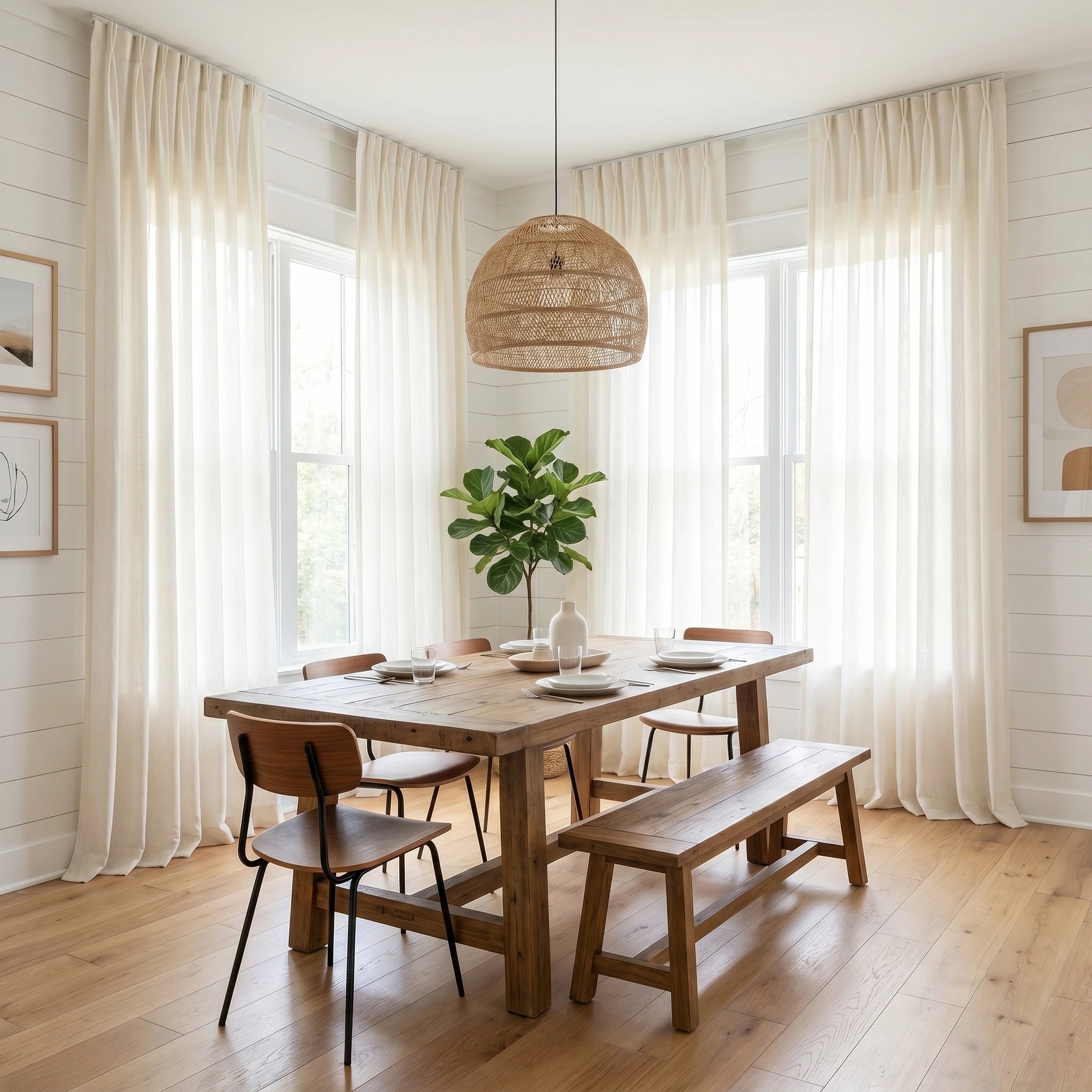 DWCN Official Phoebe Soft Oat Linen Sheer Curtain hanging in a window, featuring a lightweight, breathable linen fabric with a soft oat color.