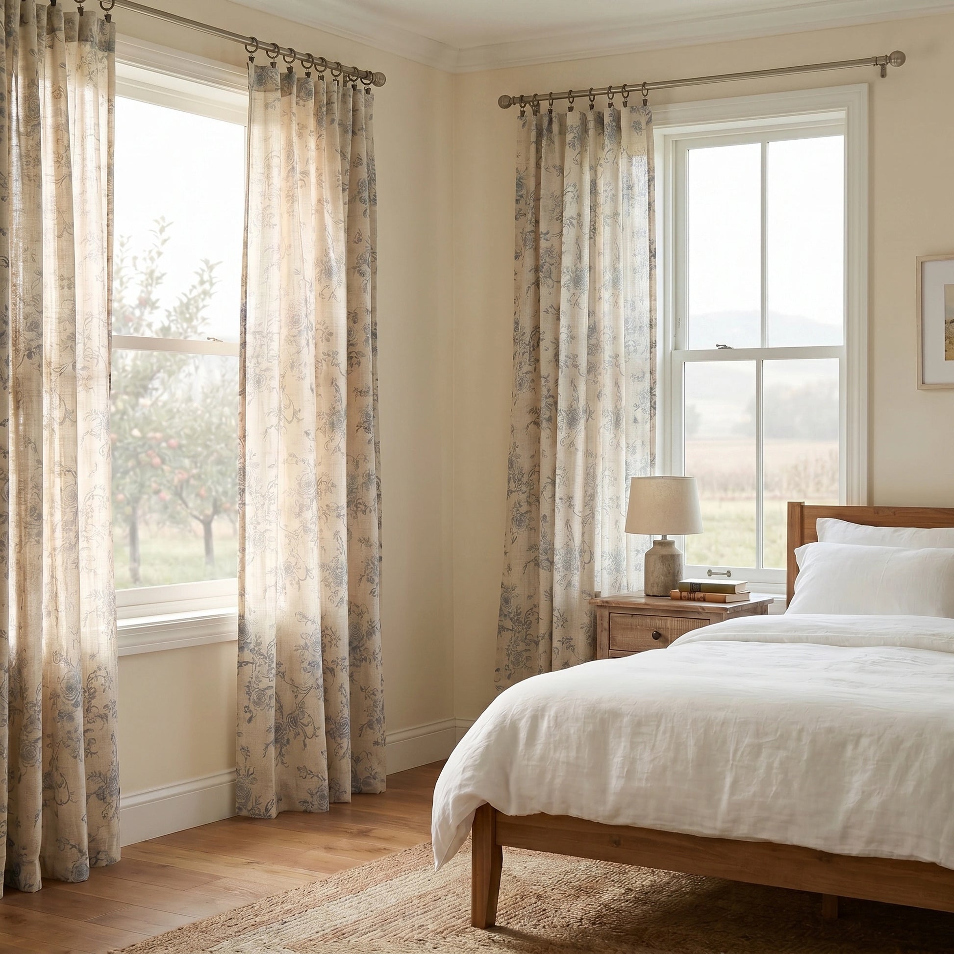 DWCN Official Antheia Millefiori patterned linen curtains hanging in a window, showcasing vibrant floral and geometric designs.