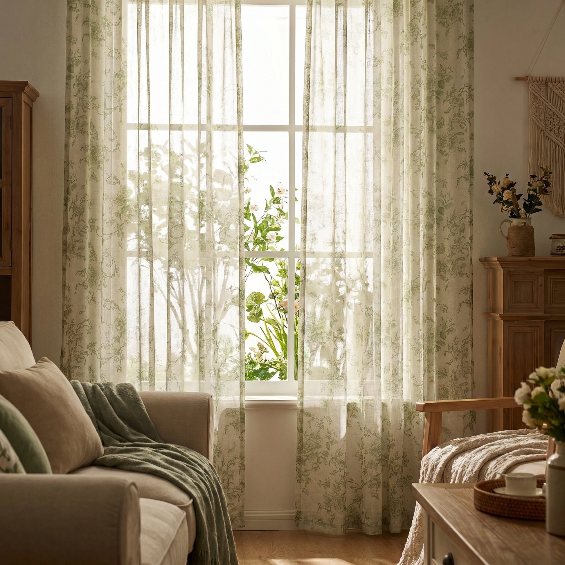 DWCN Official Antheia Millefiori patterned linen curtains hanging with colorful floral design and natural light streaming through.