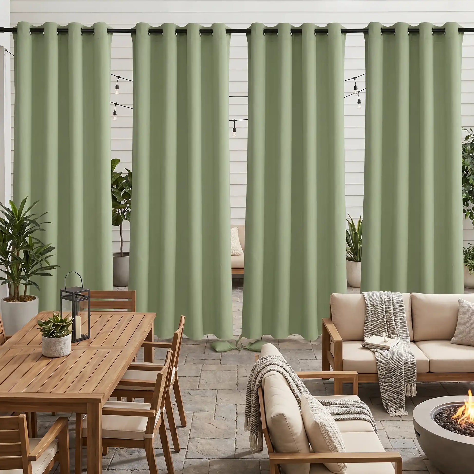 Outdoor curtain with grommet top and weighted bags from DWCN Official, windproof and waterproof for outdoor use.
