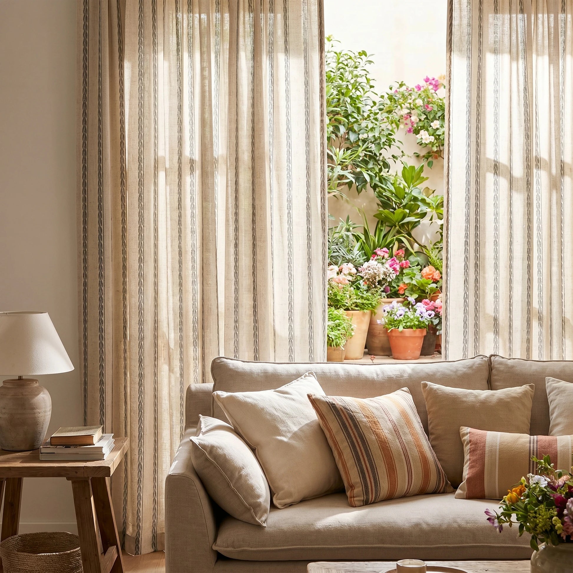 Demeter Aurata patterned linen curtains by DWCN Official hanging in a room, showcasing a vibrant, intricate gold and white design.