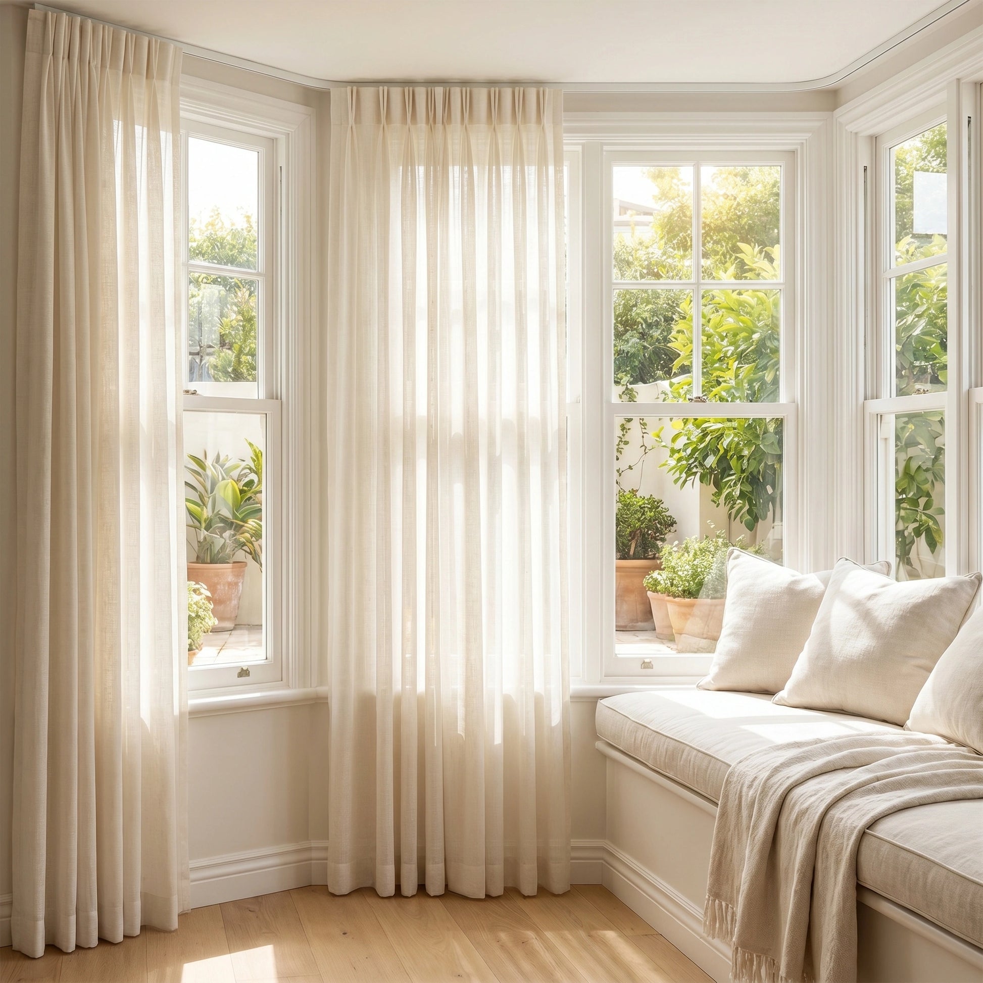 Ariadne Pearl Crosshatch Linen Sheer Curtain by DWCN Official, showcasing a light, textured linen fabric with pearl accents and crosshatch pattern.