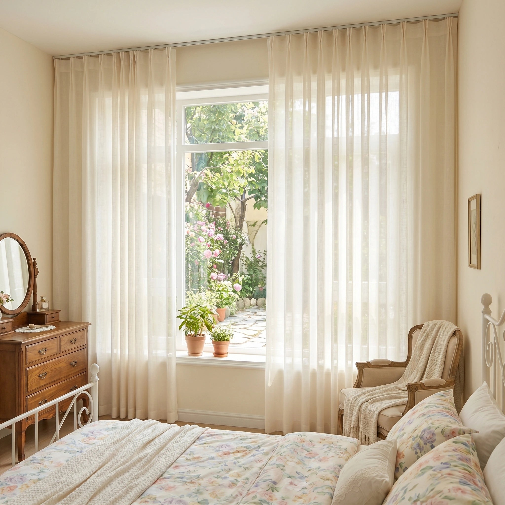 A DWCN Official Ariadne Pearl Crosshatch Linen Sheer Curtain hanging with a soft, textured crosshatch pattern and pearl accents.