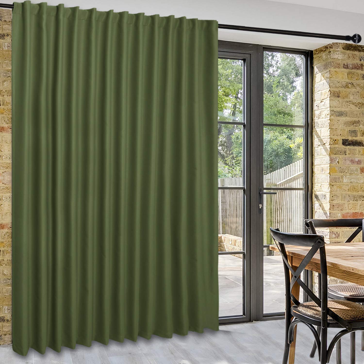 DWCN official black blackout curtain panel, wide width room divider with smooth black fabric and pleated top design.