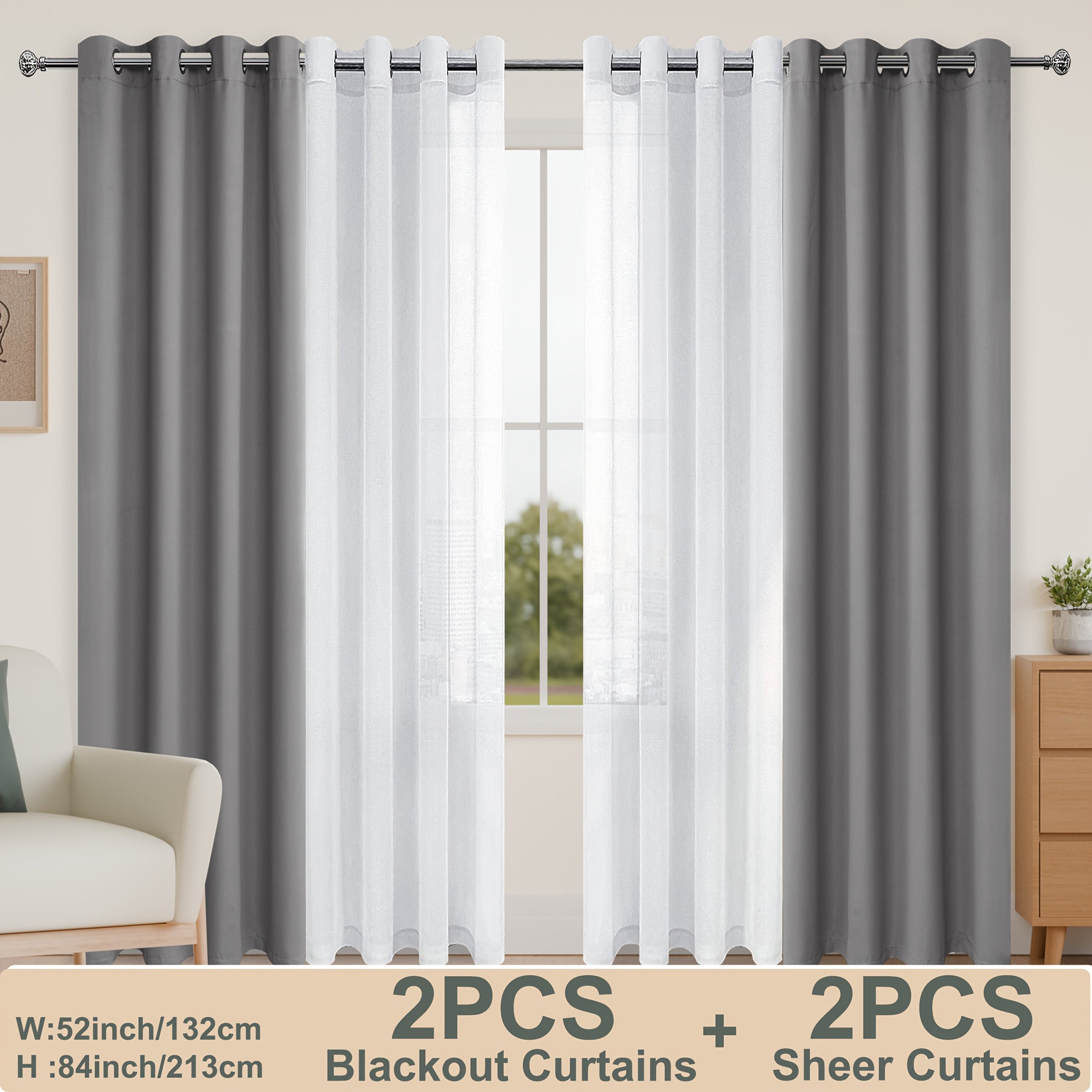 Set of four DWCN Official curtains including two blackout curtains with tiebacks and two sheer curtains, hanging in a living room window.