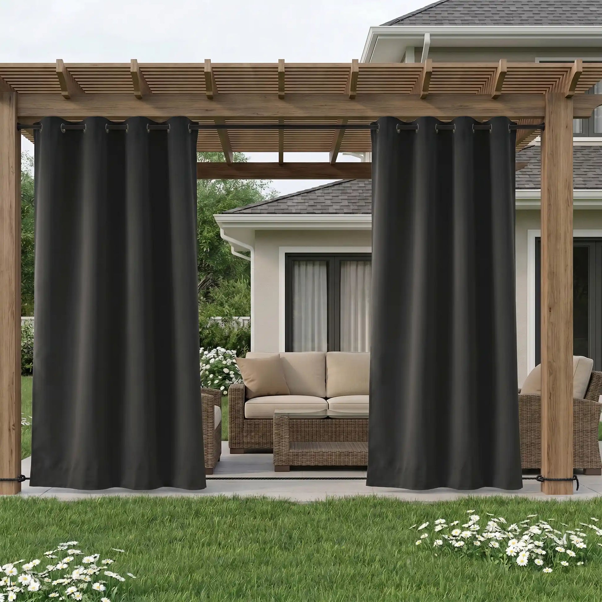 DWCN Official grommet top outdoor curtain with ropes bottom, windproof and waterproof fabric for outdoor weather protection.