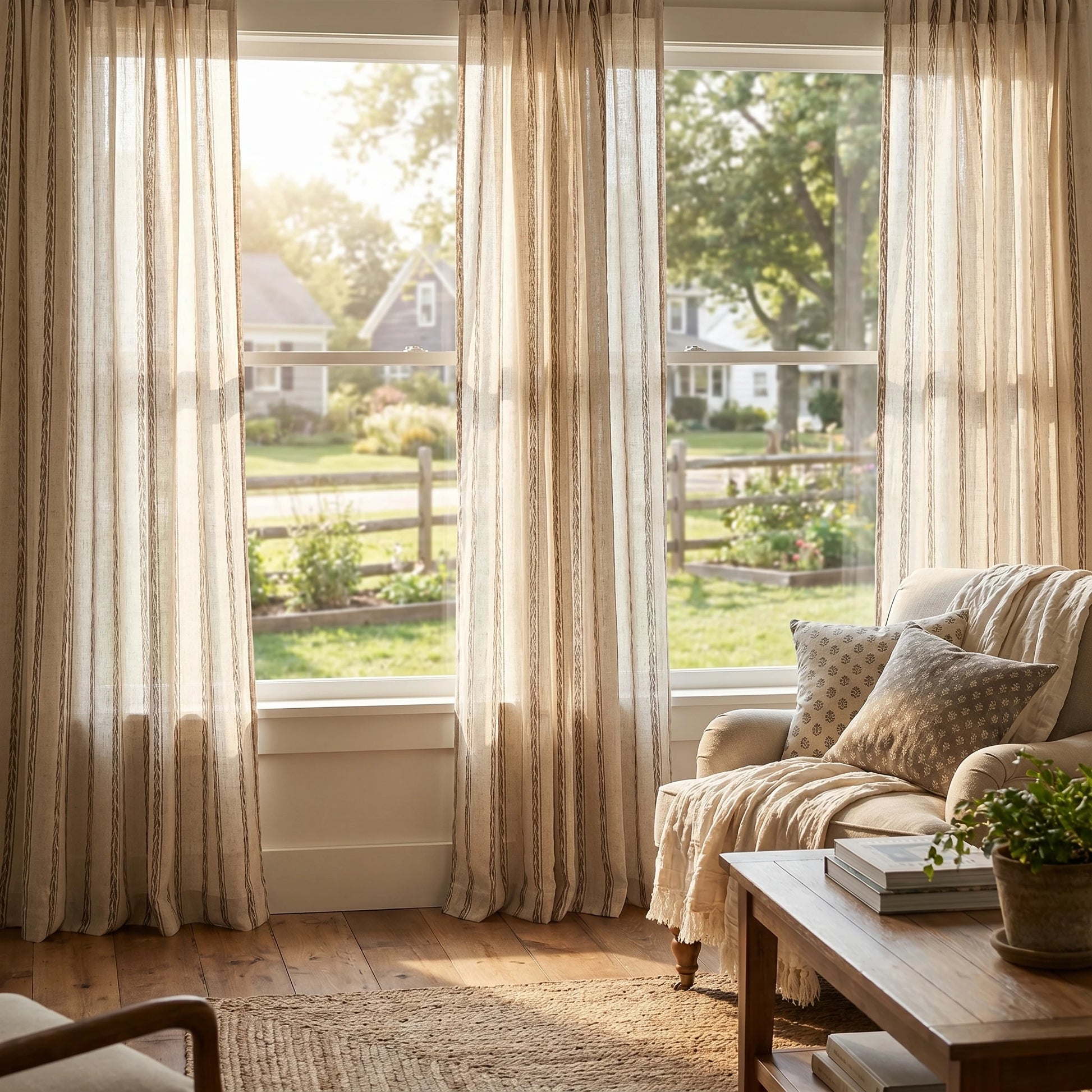 Demeter Aurata patterned linen curtains by DWCN Official hanging on a window with a gold and white leaf design.
