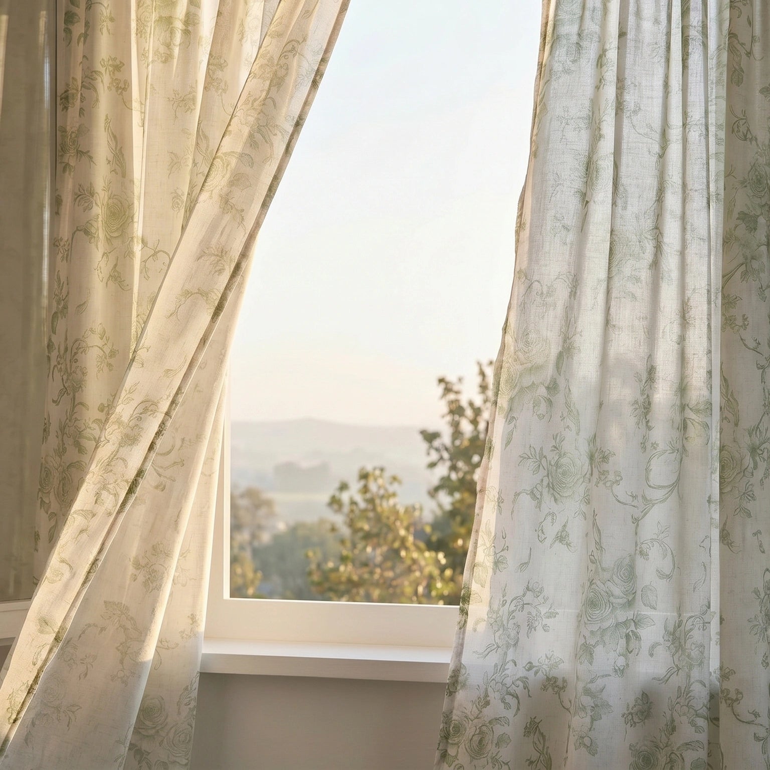 DWCN Official Antheia Millefiori patterned linen curtains hanging in a window, showcasing vibrant floral designs and lightweight fabric.