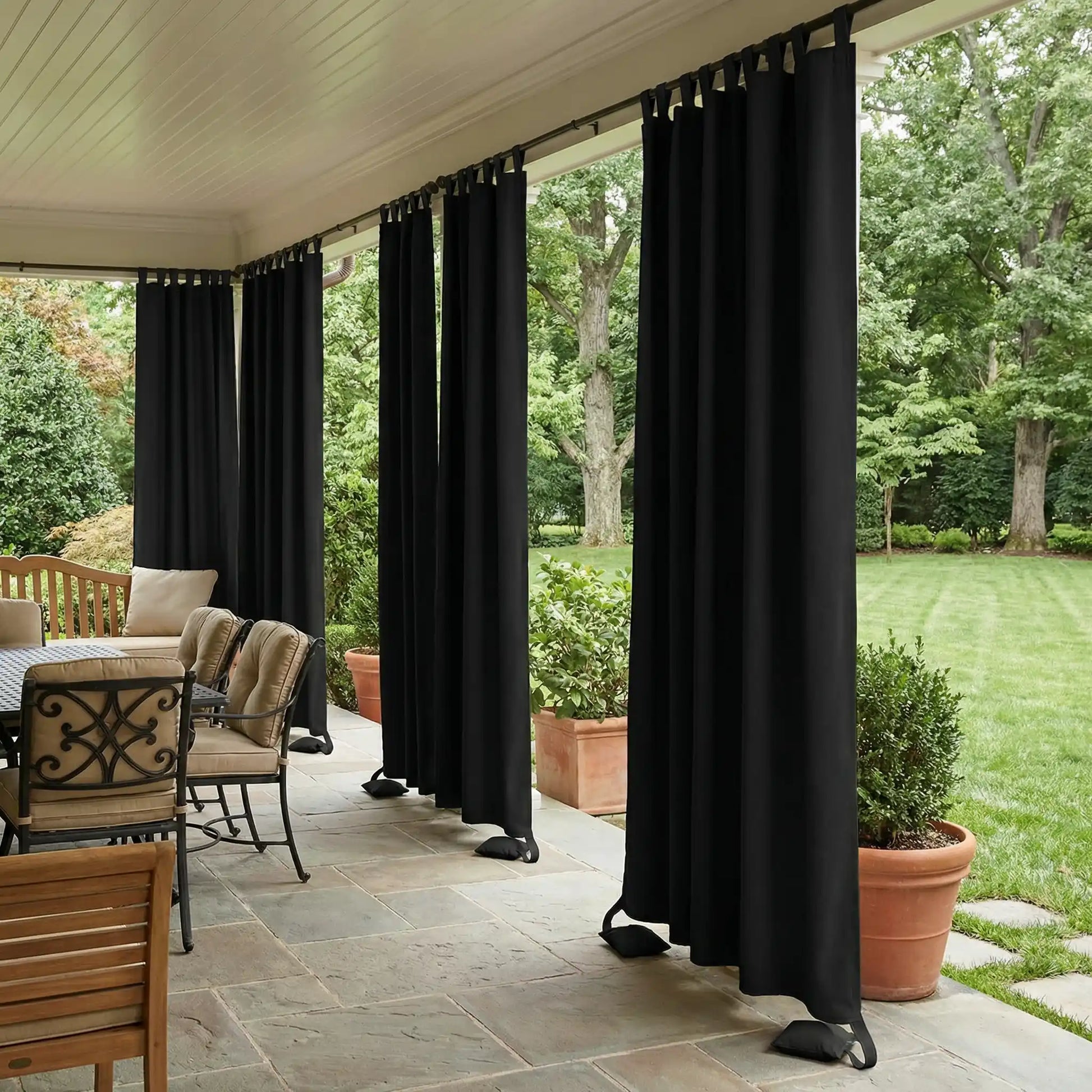 DWCN Official outdoor curtain with tab top and weighted bottom, windproof and waterproof for weather-resistant privacy and protection.