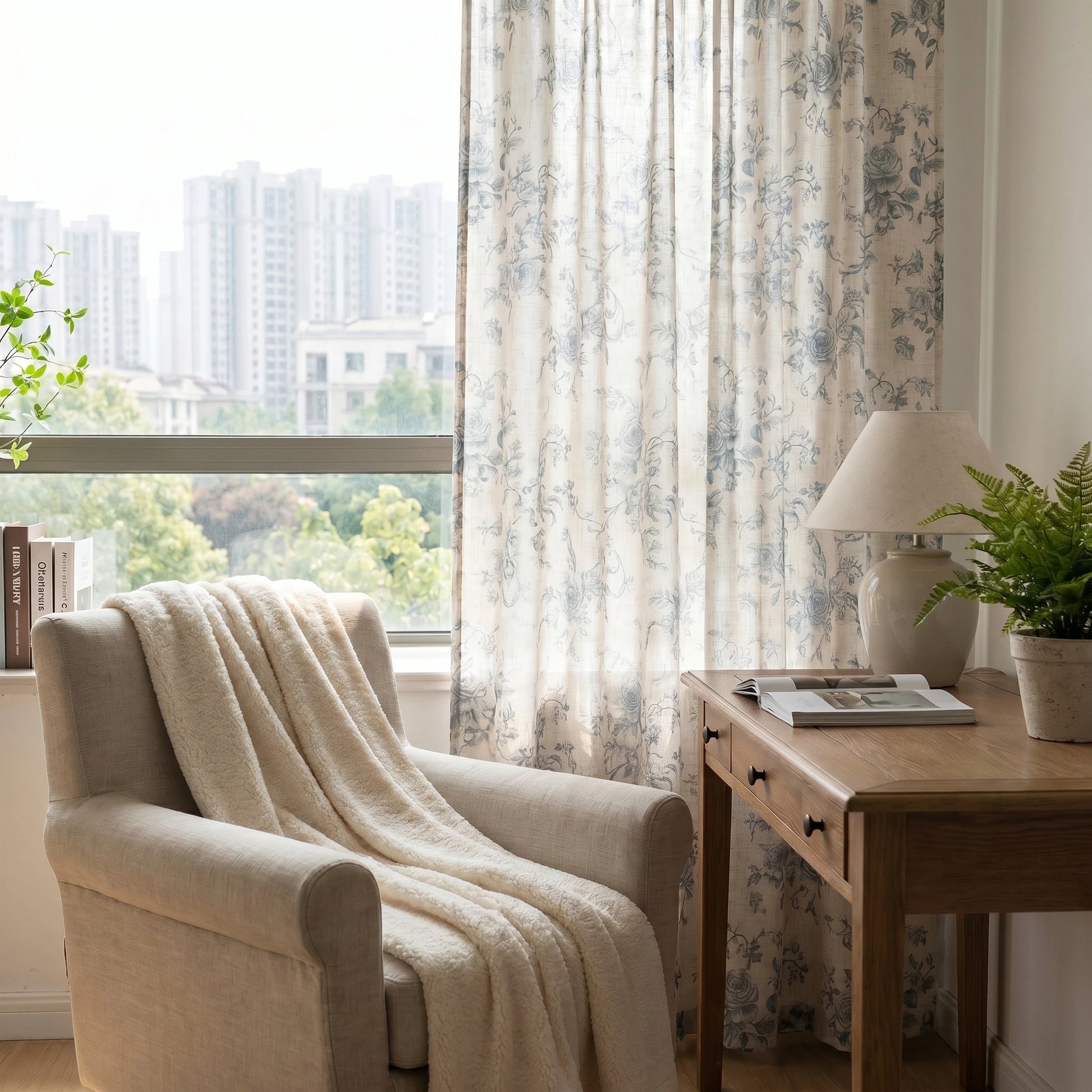 DWCN Official Antheia Millefiori patterned linen curtains with colorful floral design hanging in a window.