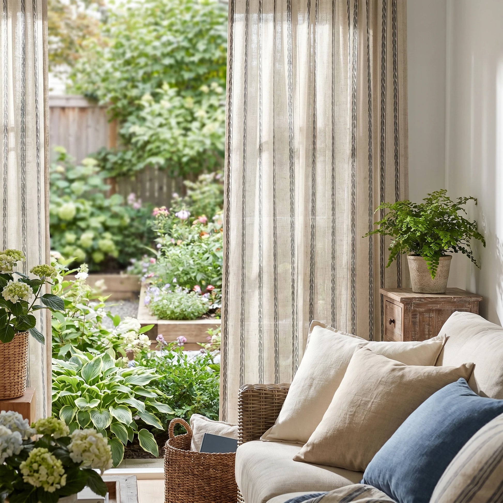 Demeter Aurata patterned linen curtains by DWCN Official hanging in a window with natural light, showcasing intricate gold and white design.