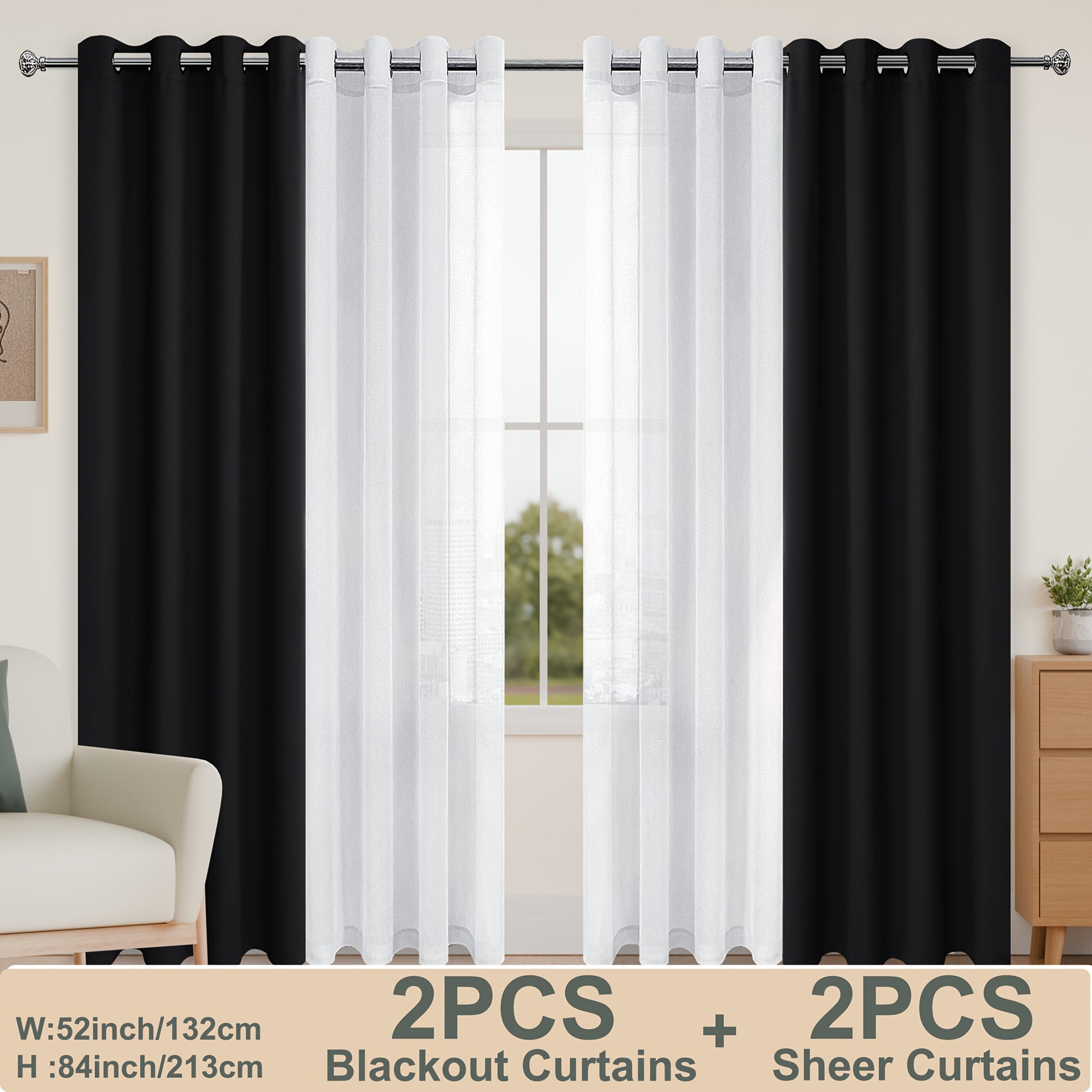 Set of four DWCN Official curtains including two blackout curtains with tiebacks and two sheer curtains for window decor.