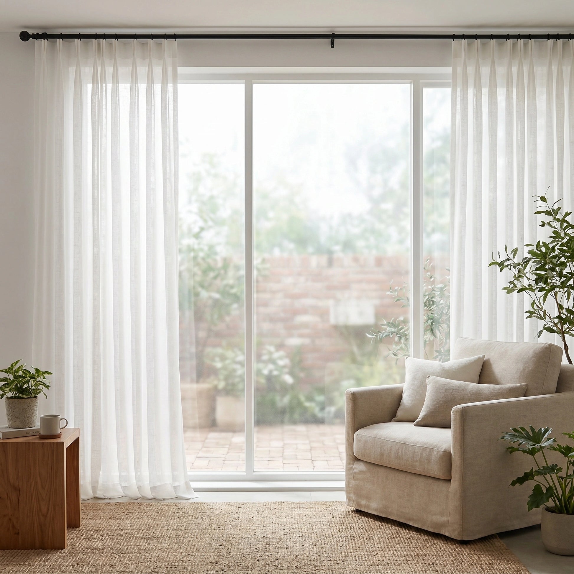Eos Ivory Veil Linen Sheer Curtain from DWCN Official hanging on a window, showcasing its soft, semi-transparent fabric and elegant design.