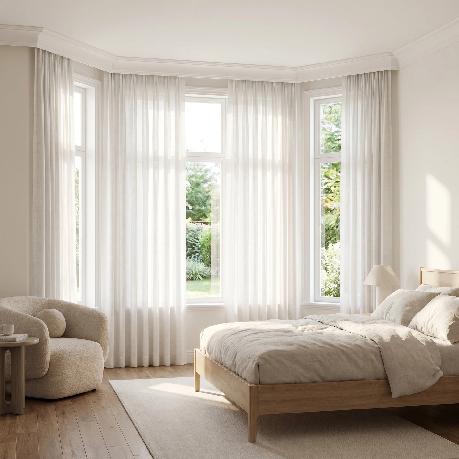 Eos Ivory Veil Linen Sheer Curtain by DWCN Official hanging on a window, showcasing soft, lightweight, semi-transparent fabric for home decor.