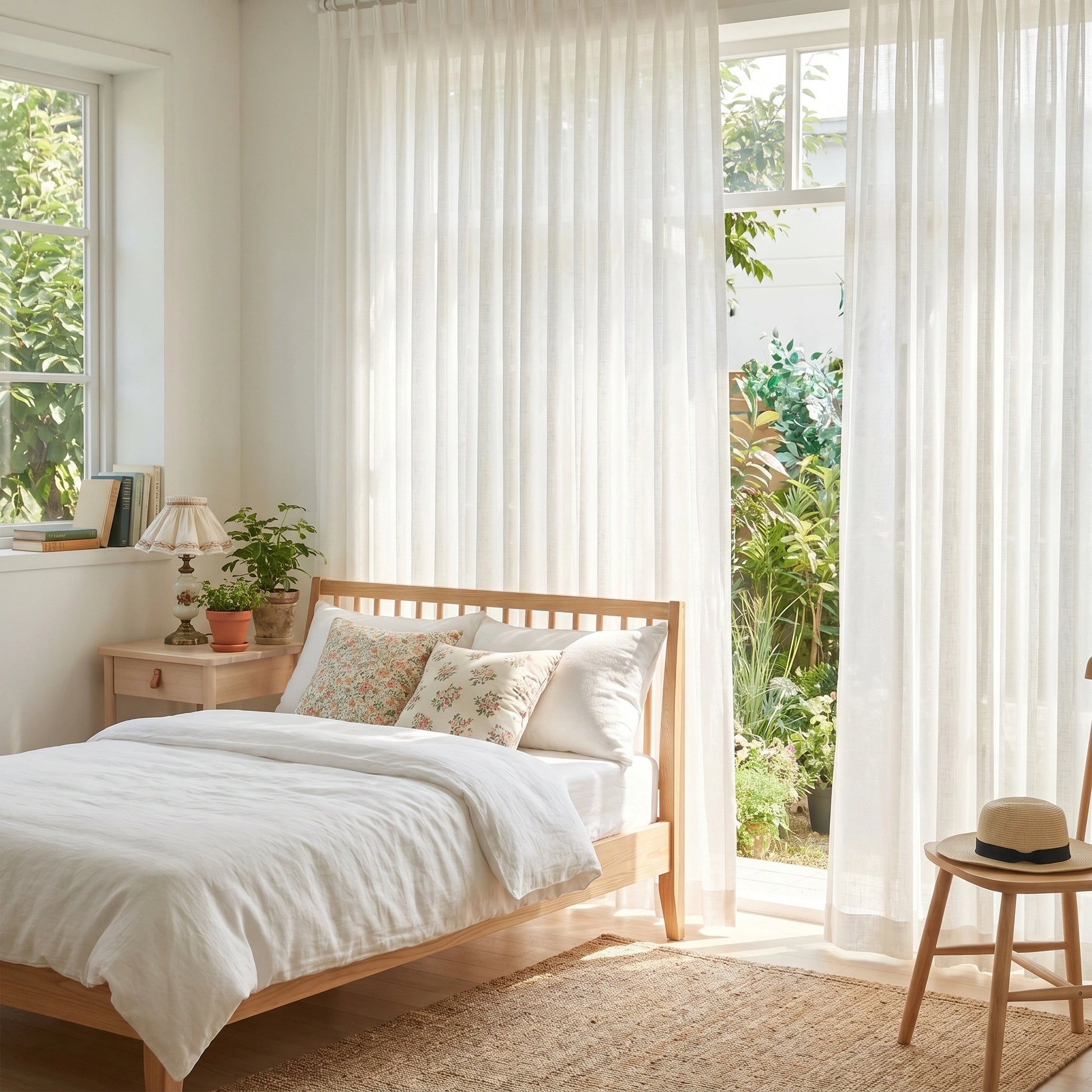 Eos Ivory Veil Linen Sheer Curtain by DWCN Official hanging in a window, showcasing its lightweight, semi-transparent fabric and elegant design.