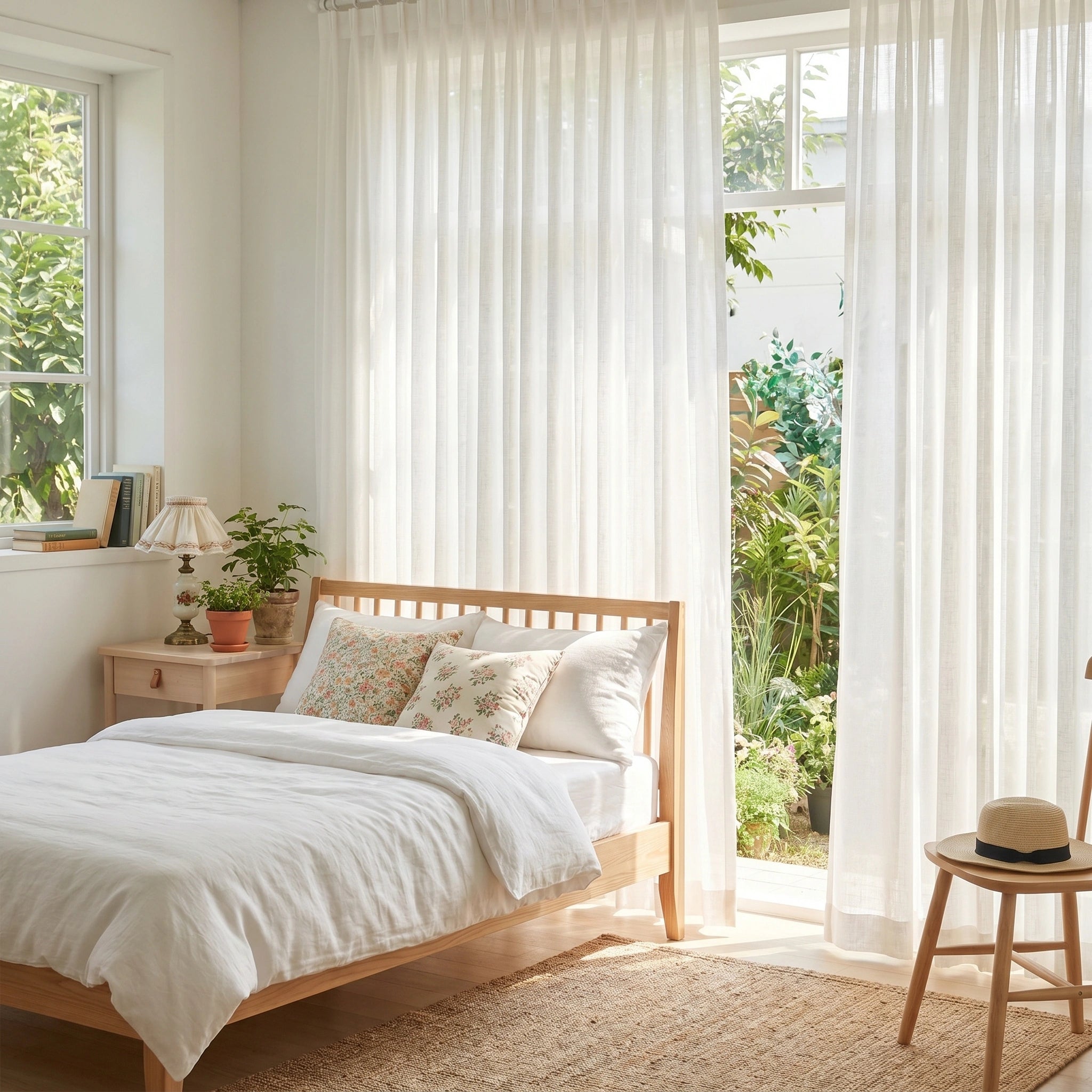 Eos Ivory Veil Linen Sheer Curtain by DWCN Official hanging in a window, showcasing its lightweight, semi-transparent fabric and elegant design.