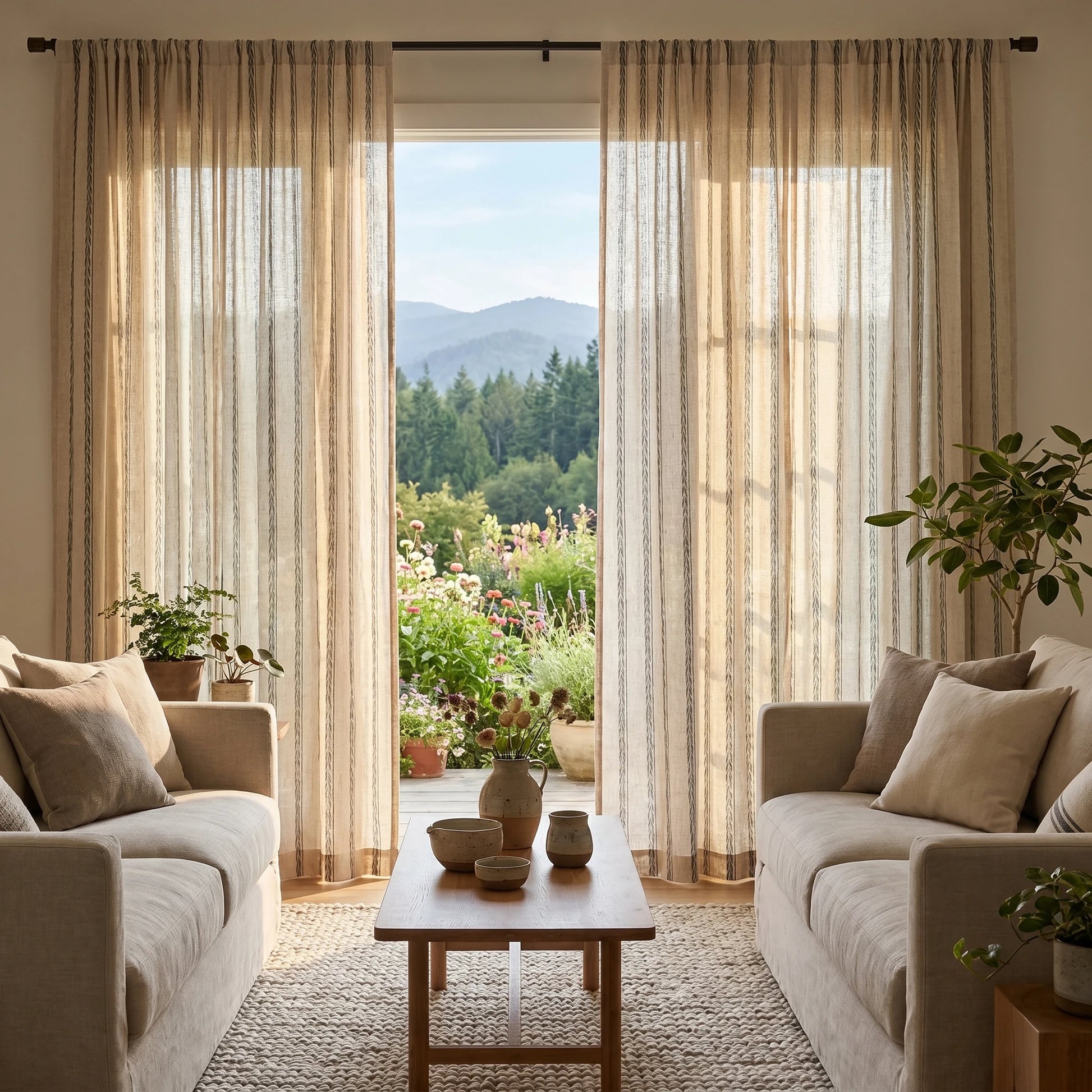 Demeter Aurata patterned linen curtains by DWCN Official, featuring intricate gold and white design and lightweight fabric for elegant window decor.