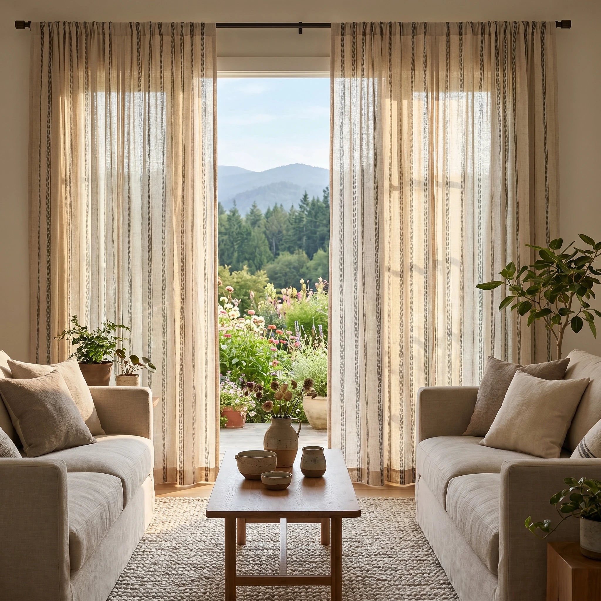 Demeter Aurata patterned linen curtains by DWCN Official, featuring intricate gold and white design and lightweight fabric for elegant window decor.