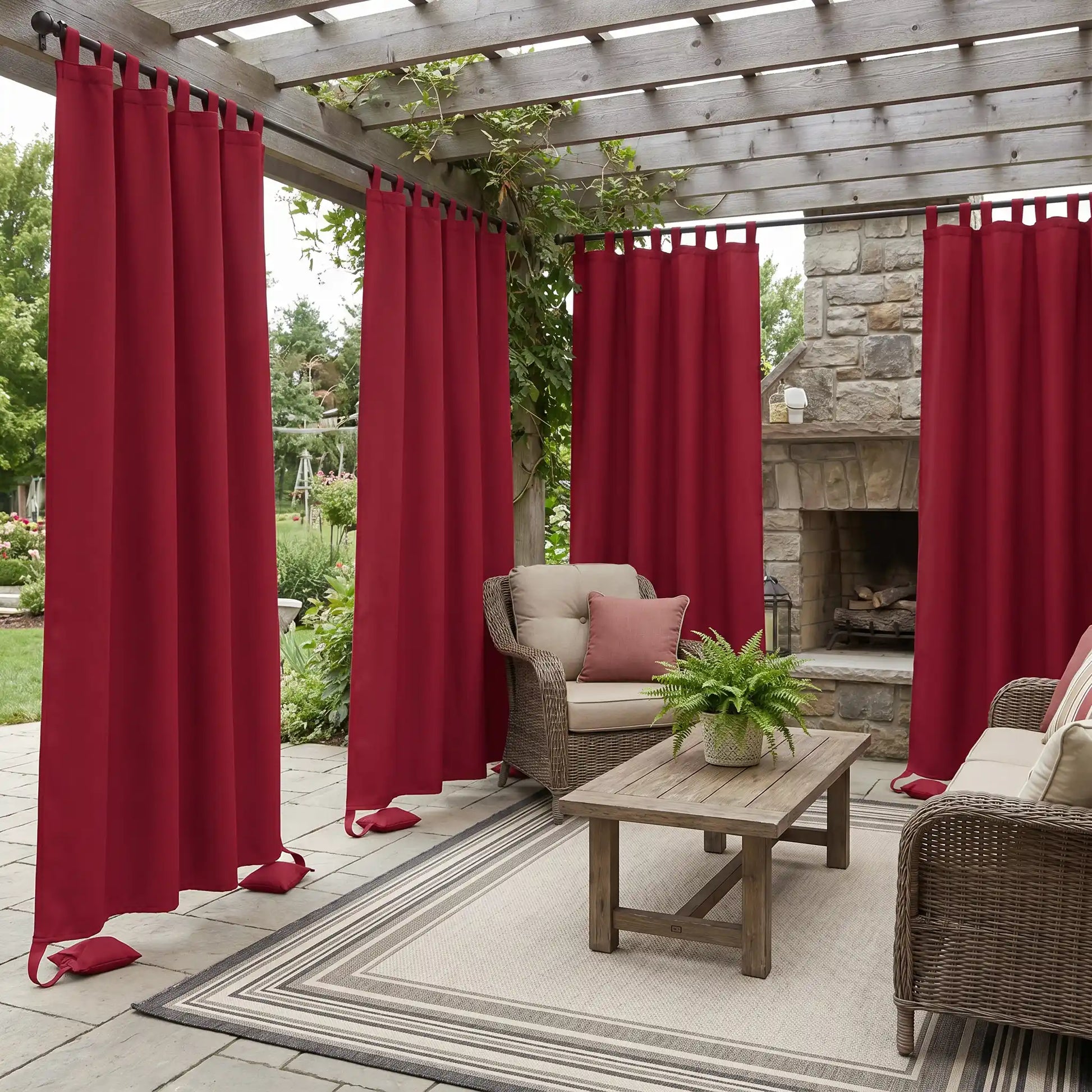 DWCN Official tab top and weighted outdoor curtain with windproof and waterproof design, suitable for outdoor weather protection.
