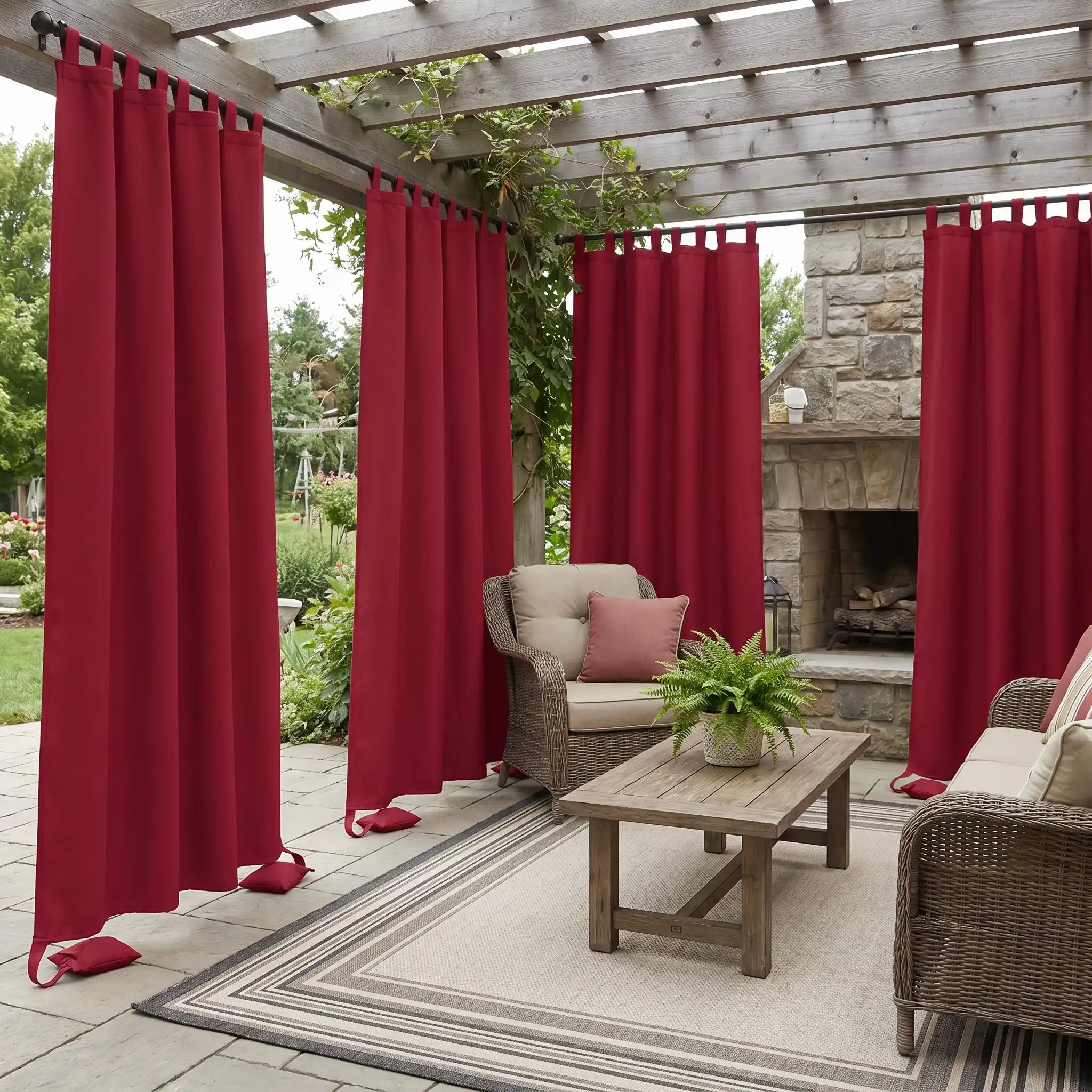 DWCN Official tab top and weighted outdoor curtain with windproof and waterproof design, suitable for outdoor weather protection.