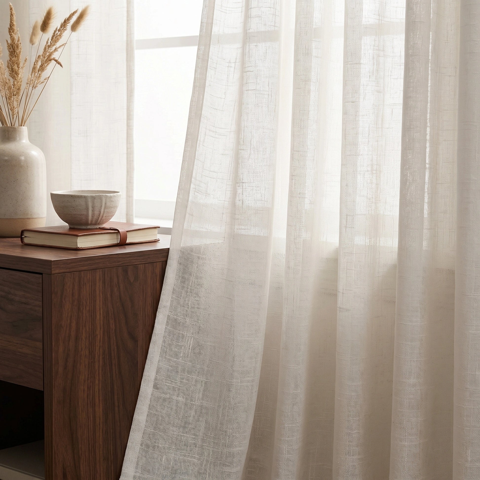 Eos Ivory Veil Linen Sheer Curtain from DWCN Official hanging on a window with soft natural light.