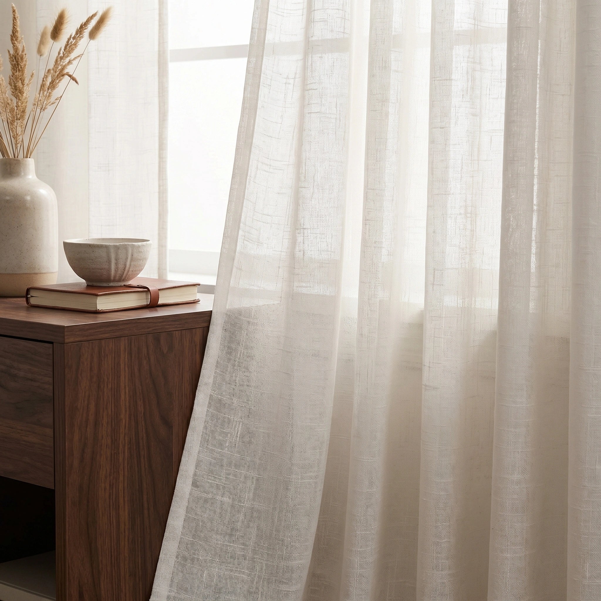 Eos Ivory Veil Linen Sheer Curtain from DWCN Official hanging on a window with soft natural light.