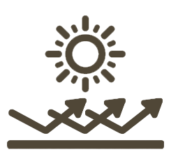 Icon of a sun and arrows indicating heat transfer on a white background