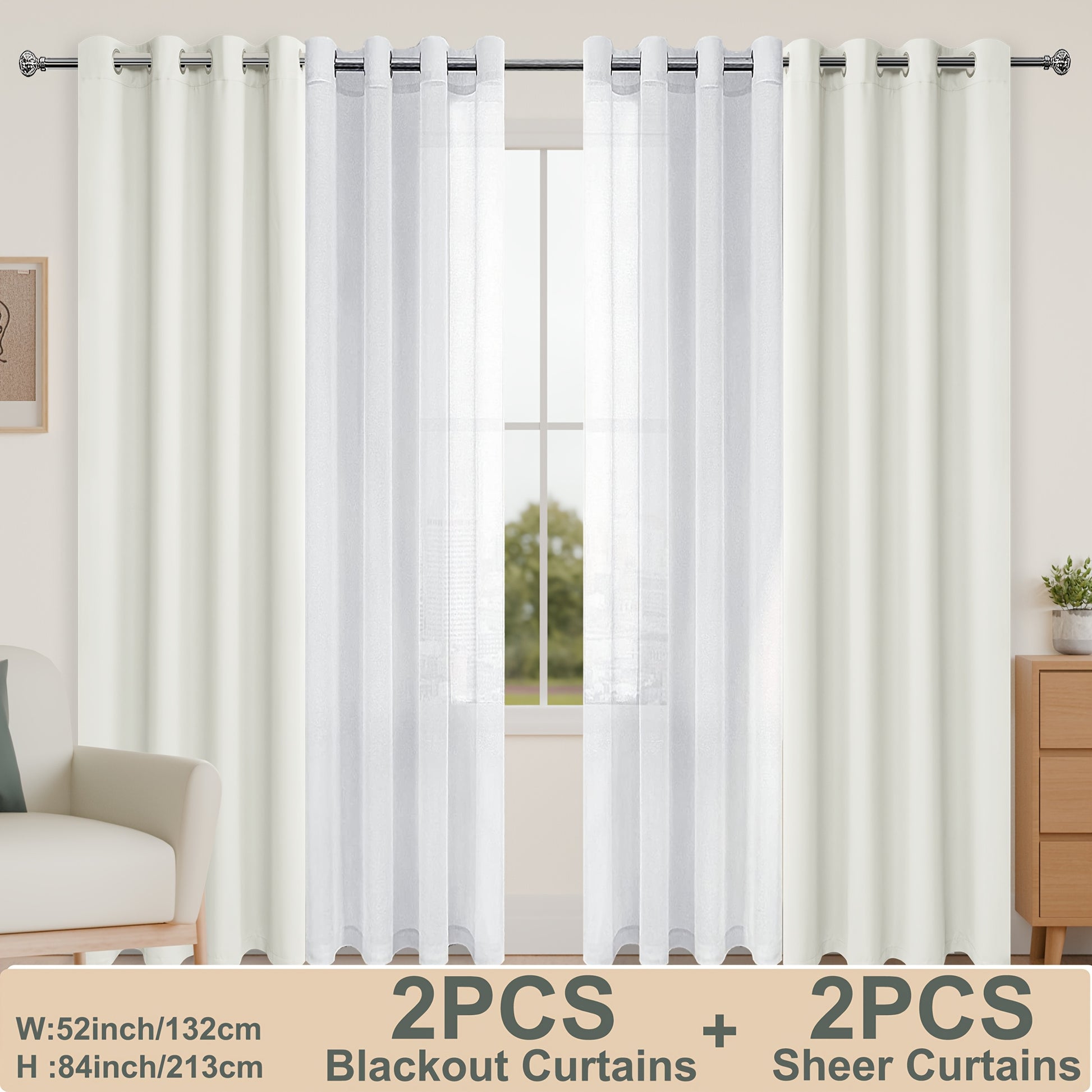 Set of four DWCN Official curtains including two blackout curtains with tiebacks and two sheer curtains for window privacy and light control.
