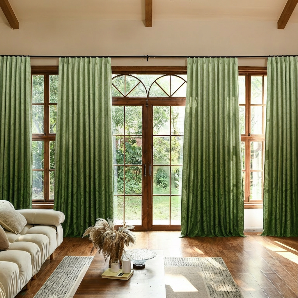 Custom luxury silk-fiber ombre blackout curtains in avocado green, designed by DWCN Official for elegant window decor.