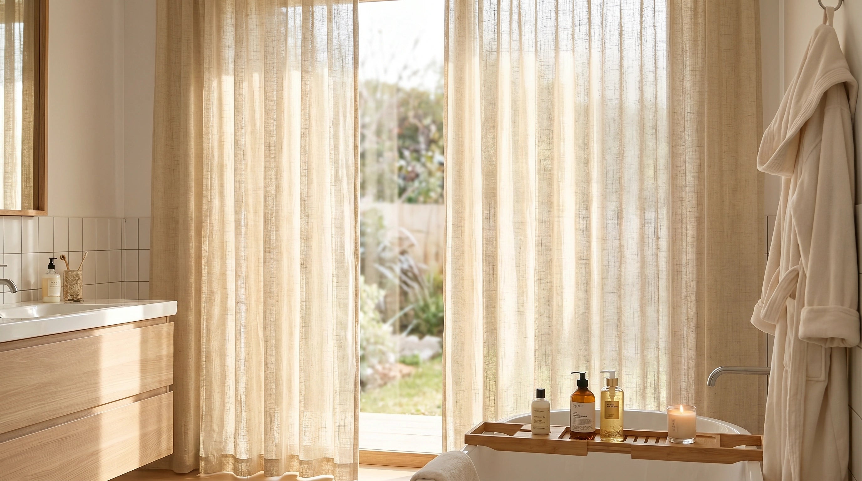 Bathroom curtains in sheer linen fabric, offering soft daylight, light privacy, and a warm natural look for bathroom window treatments.