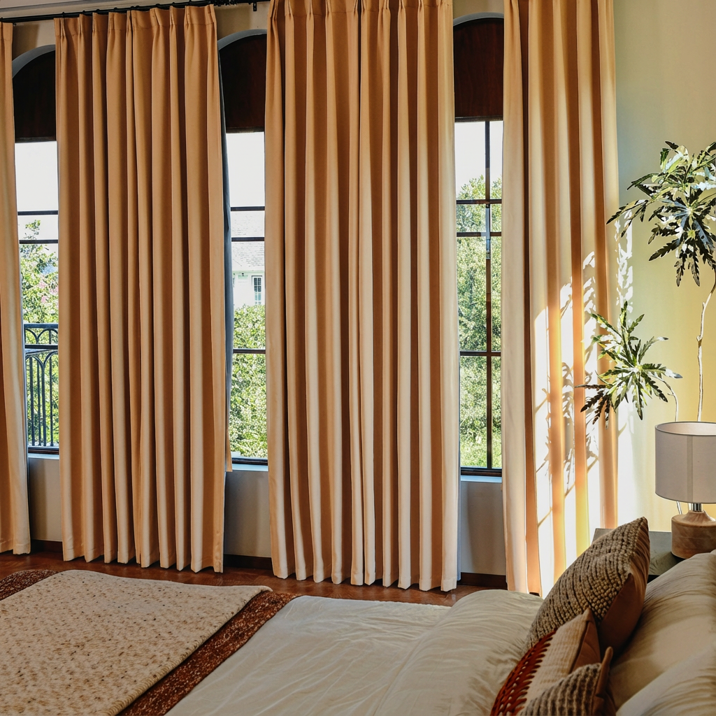 Beige custom luxury silk-fiber blackout curtains from DWCN Official, designed for elegant light control and privacy.