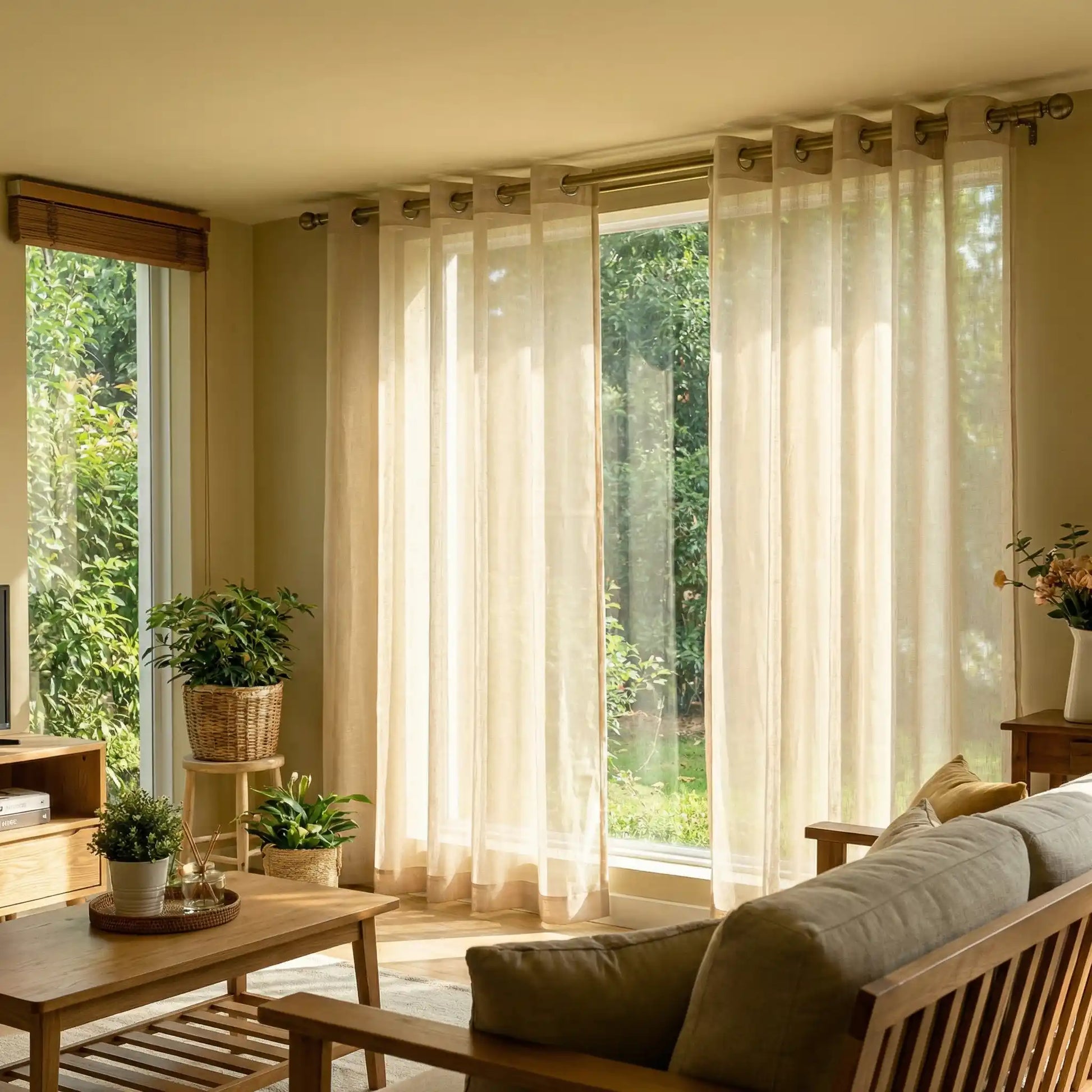 Beige linen texture solid sheer curtains from DWCN Official, showcasing lightweight fabric and elegant window covering design.