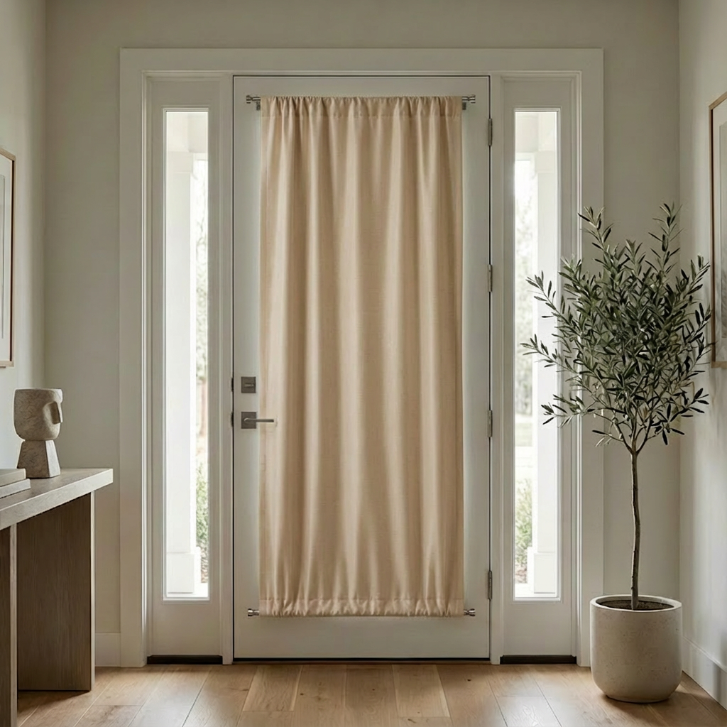 Beige luxury silk-fiber French door blackout curtains by DWCN Official, showcasing elegant fabric and full window coverage.