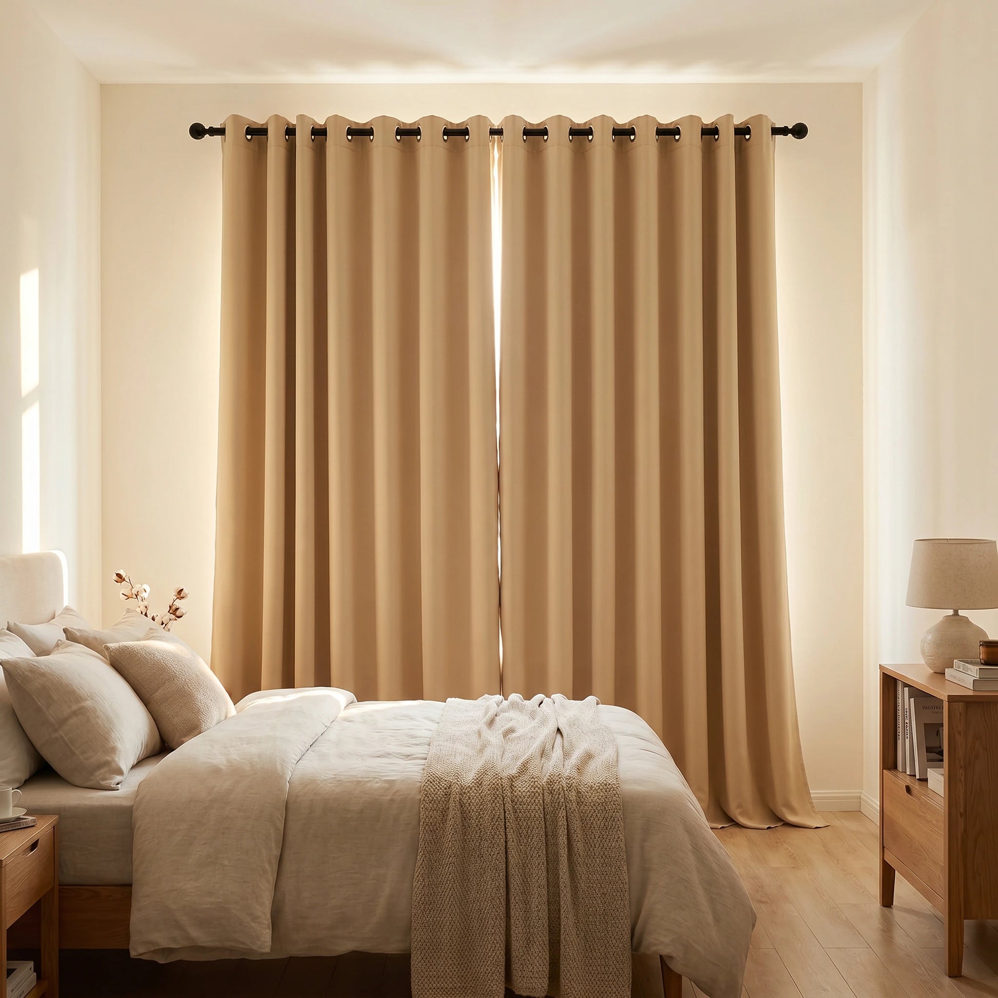 Custom luxury silk-fiber blackout curtains in beige by DWCN Official, showing their elegant fabric and tailored design.