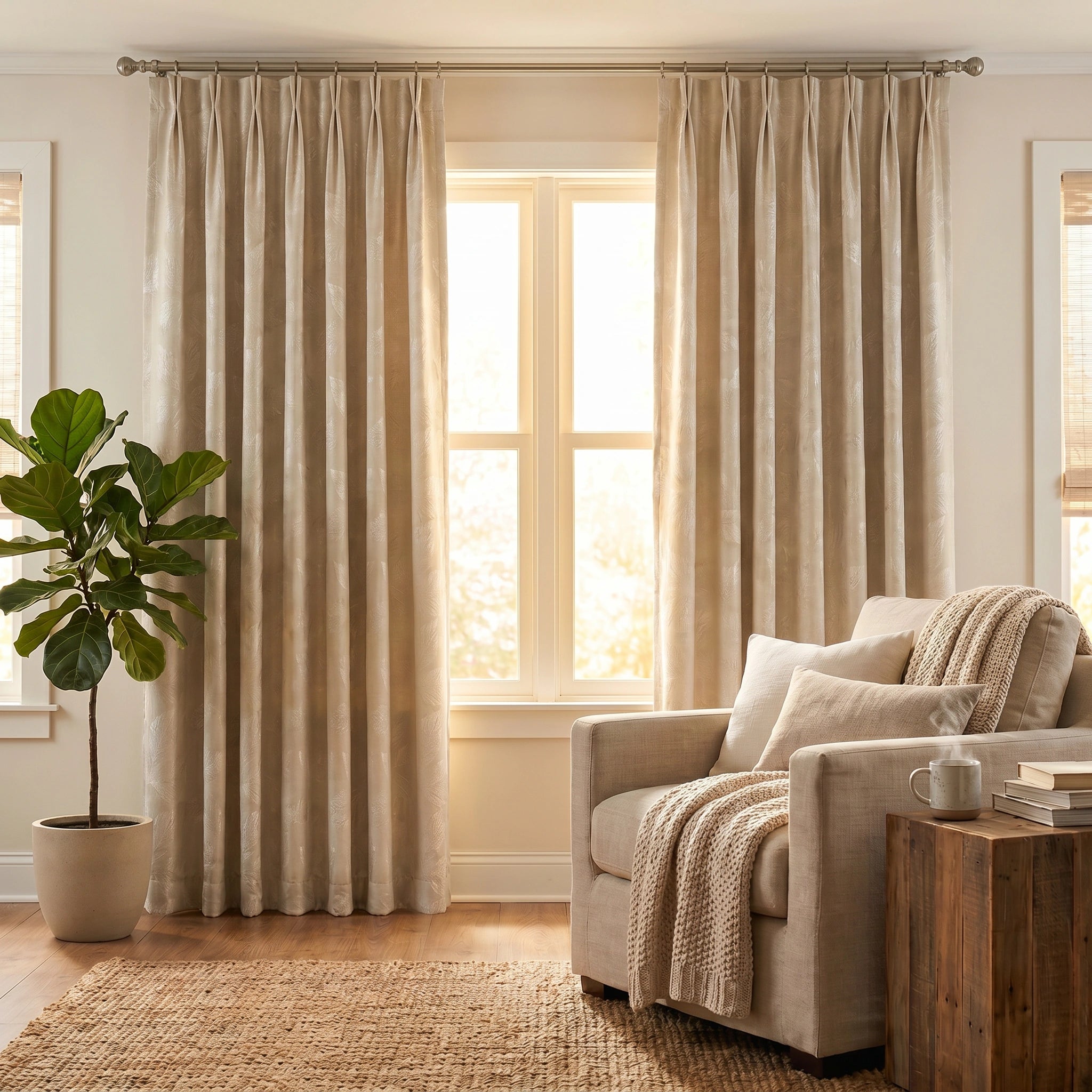 Beige custom cotton curtain with Clementine embroidered pattern, featuring elegant embroidery and lightweight fabric from DWCN Official.