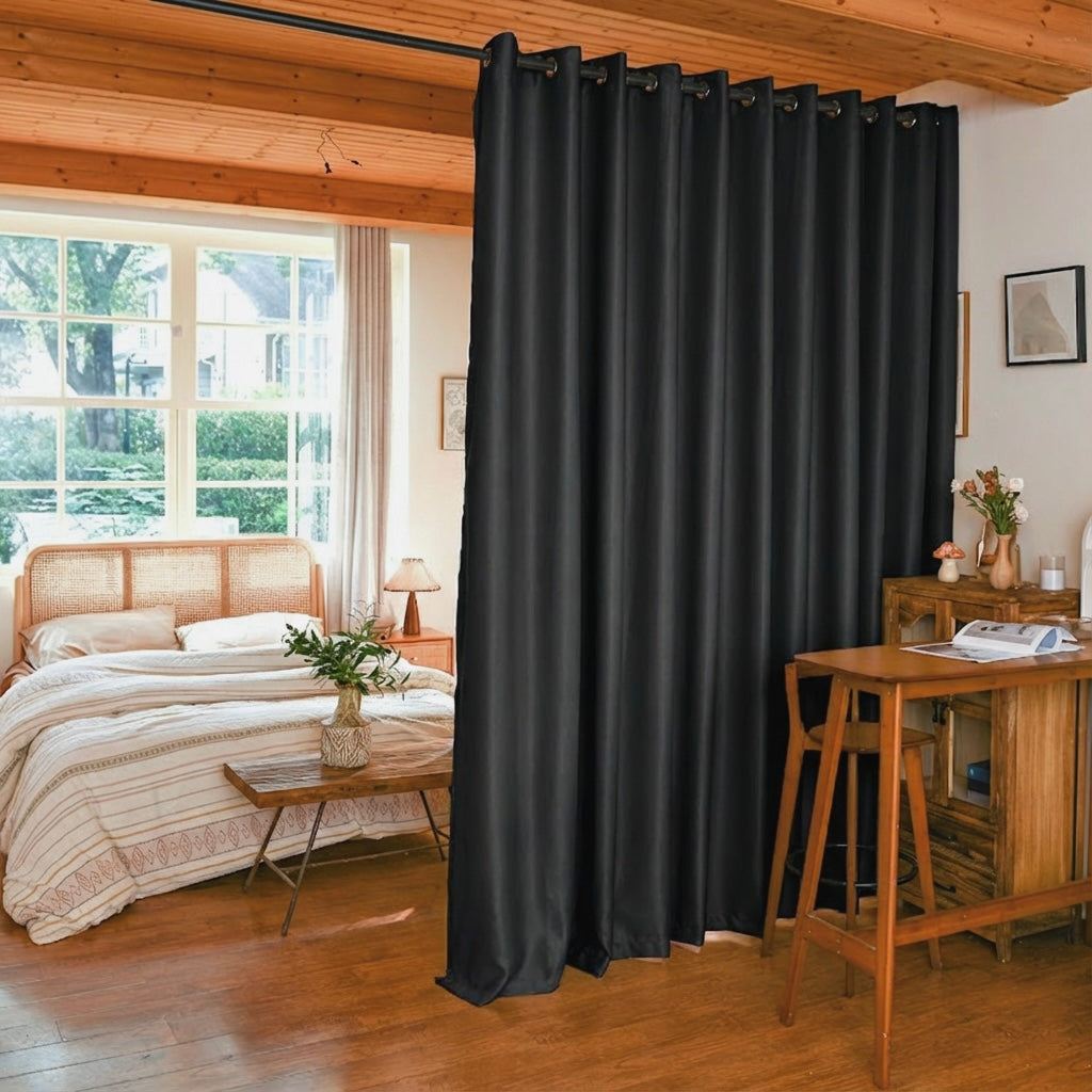 Black custom luxury silk fibers blackout room divider curtains from DWCN Official, showcasing their elegant, smooth fabric and stylish design.