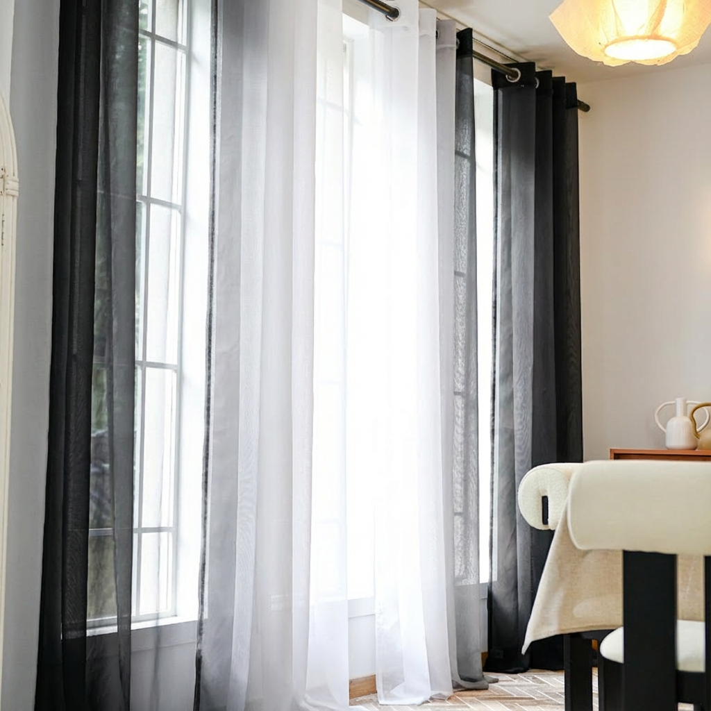 Black linen texture ombre sheer curtains from DWCN Official featuring a soft, flowing fabric with a subtle gradient effect.